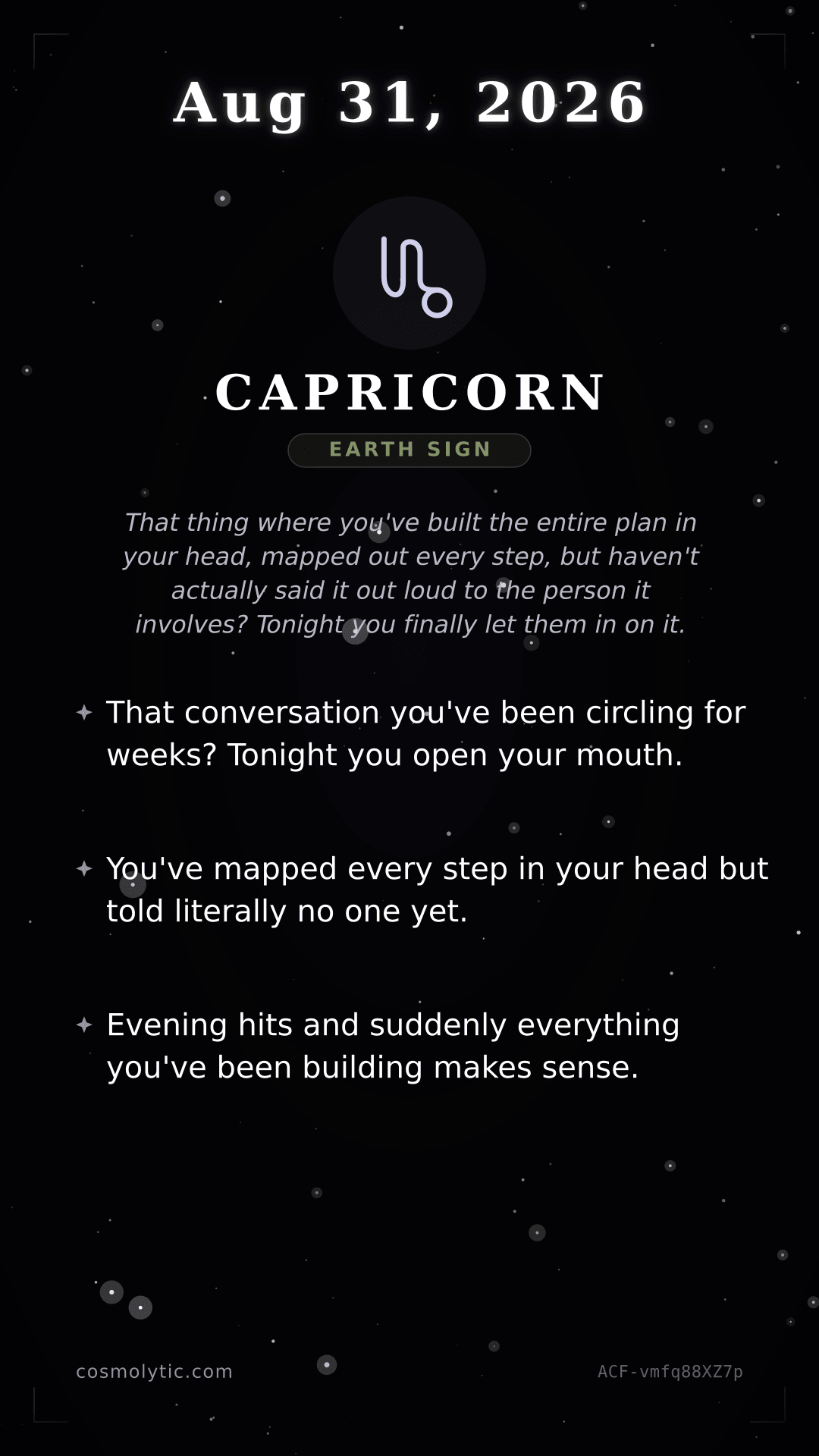 Capricorn daily horoscope card for August 31, 2026