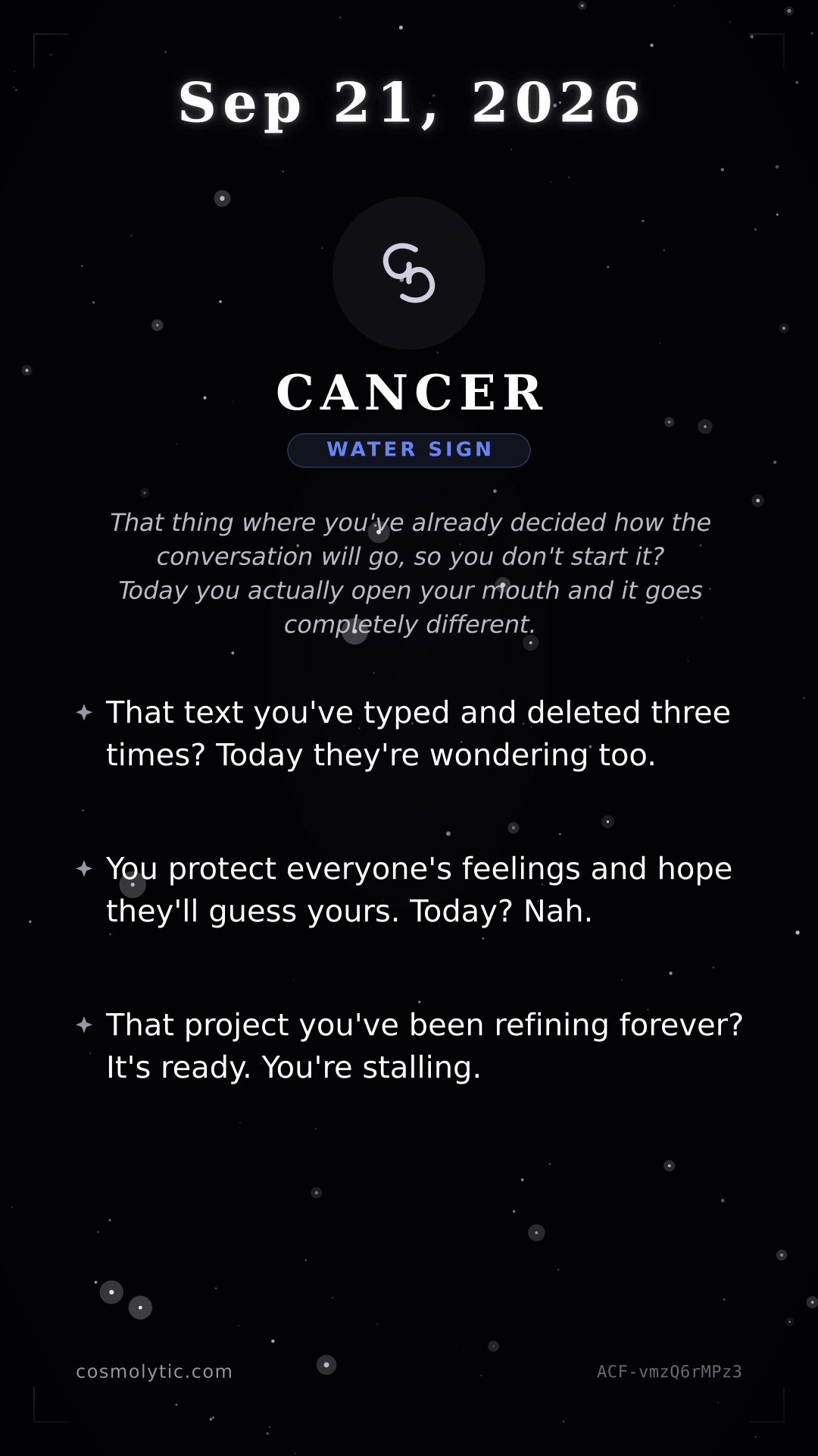 Cancer daily horoscope card for September 21, 2026