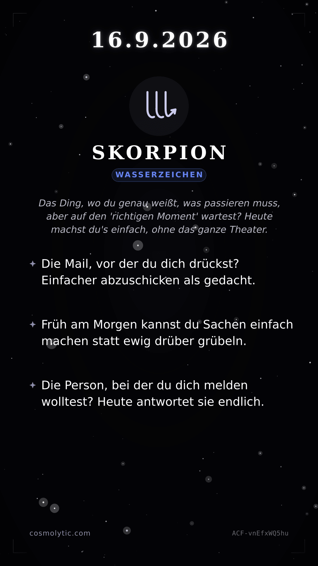 Skorpion Tageshoroskop-Karte für 16. September 2026