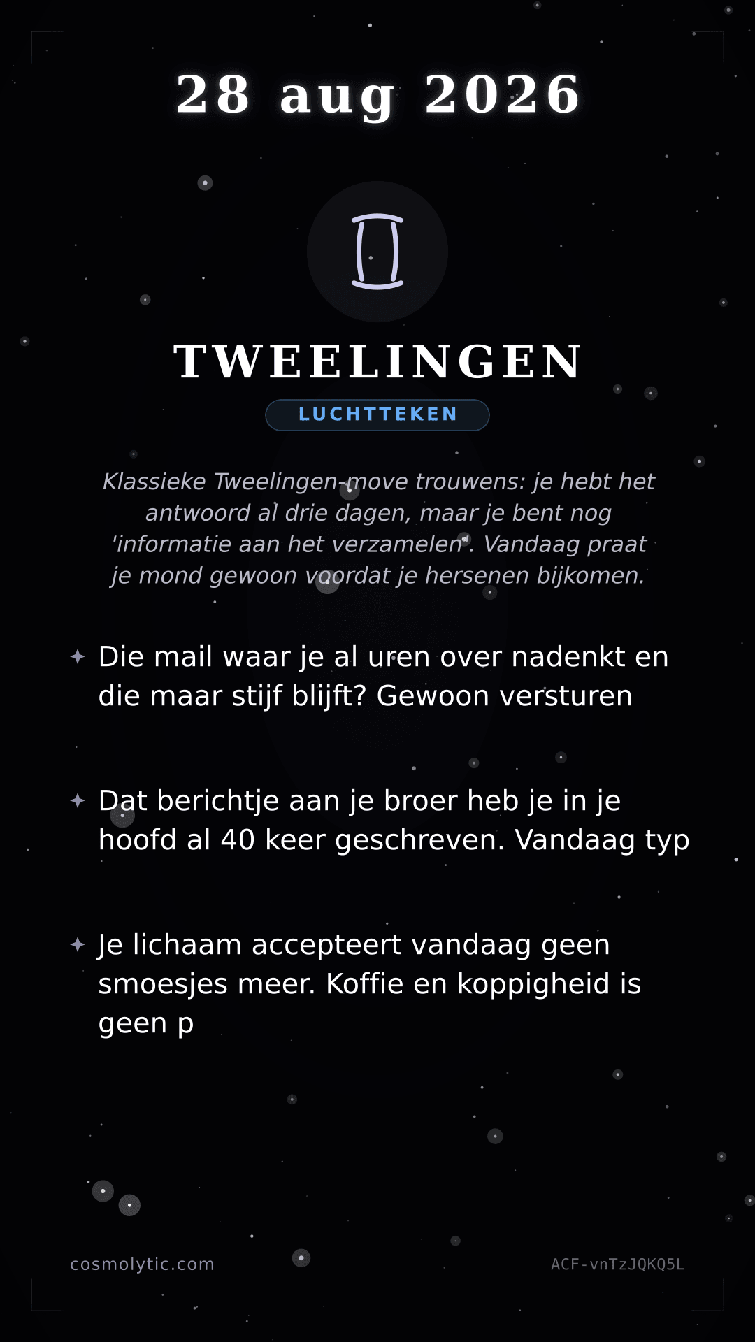 Tweelingen daghoroscoop kaart voor 28 augustus 2026