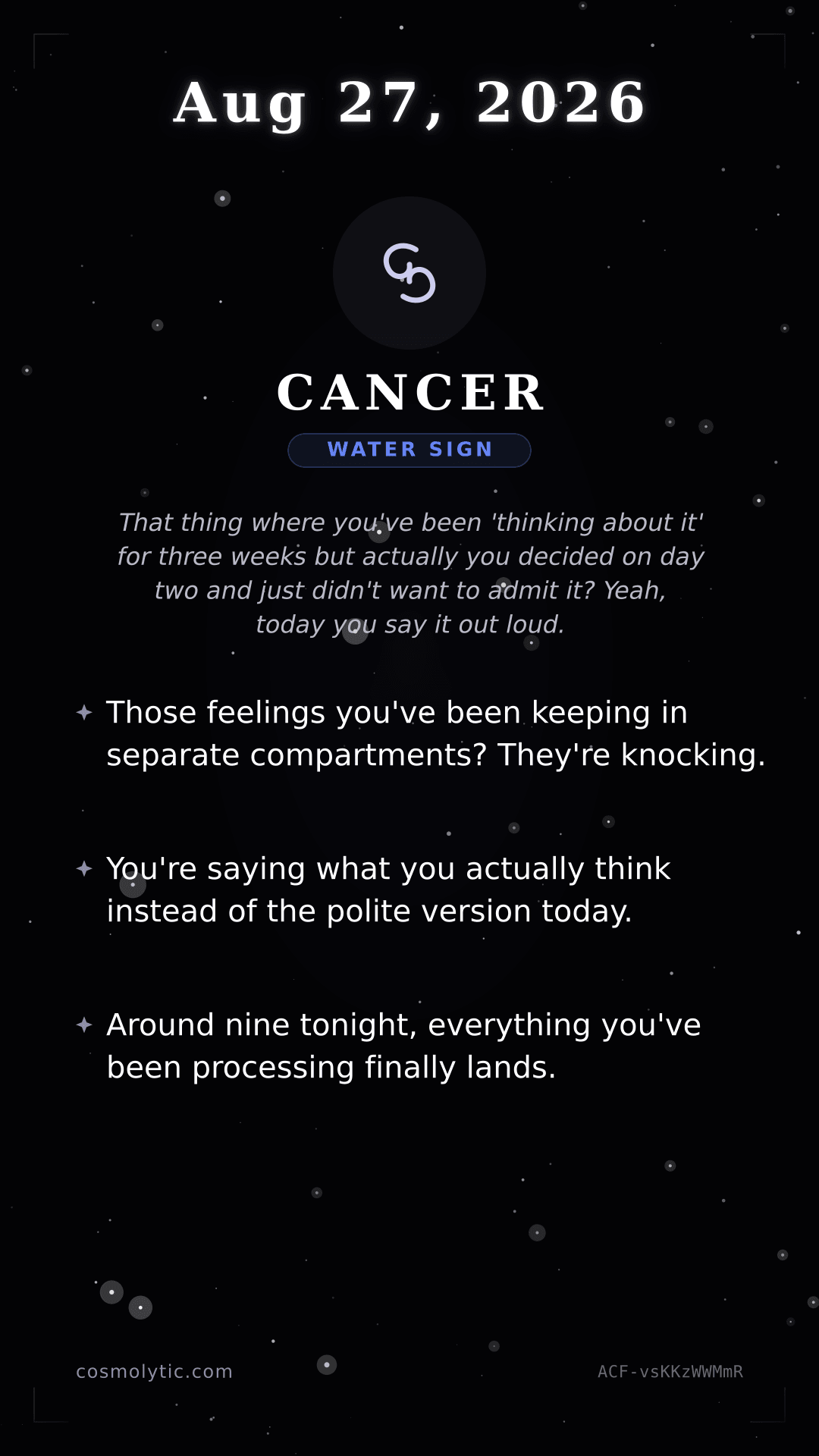 Cancer daily horoscope card for August 27, 2026