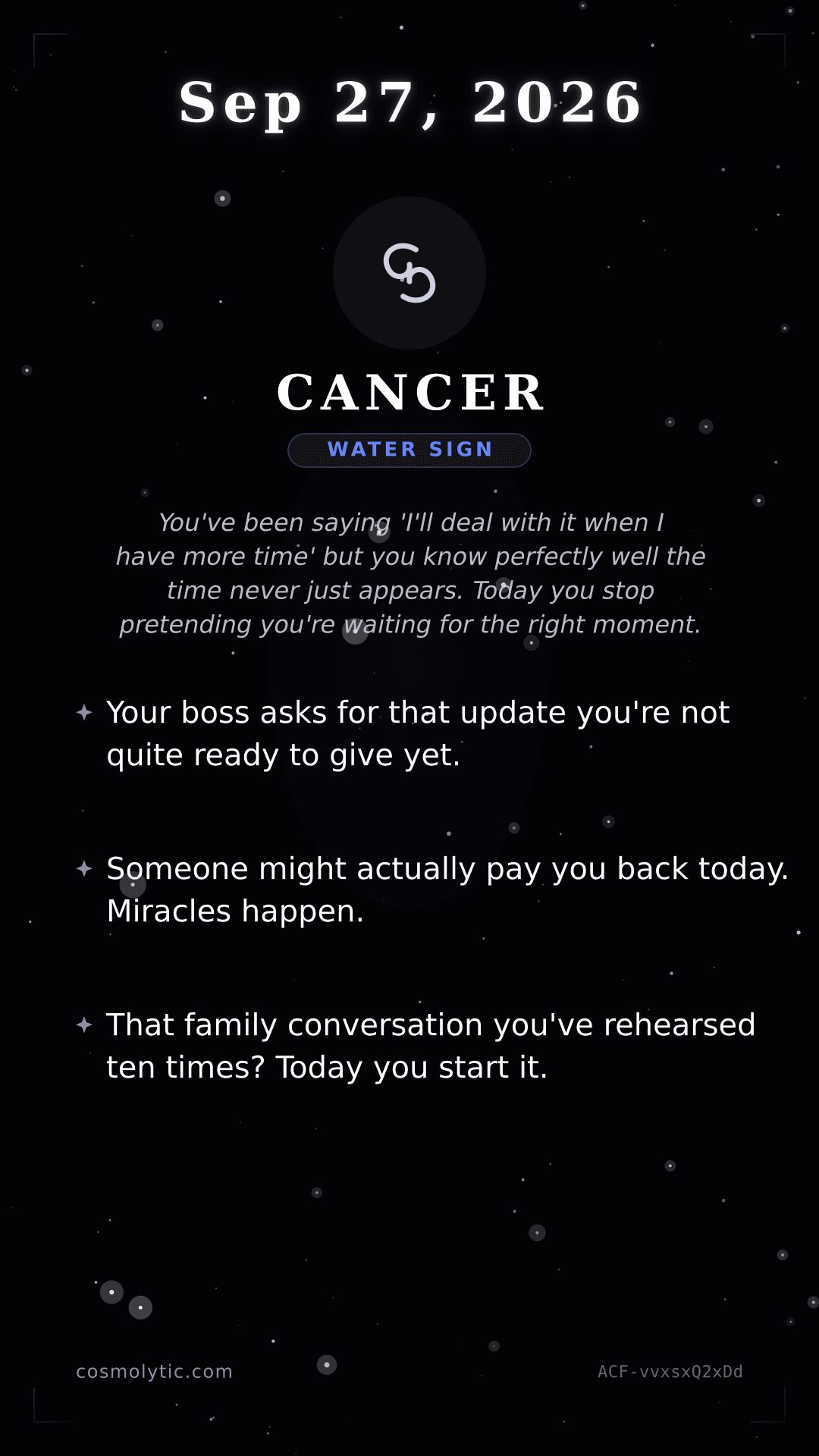 Cancer daily horoscope card for September 27, 2026