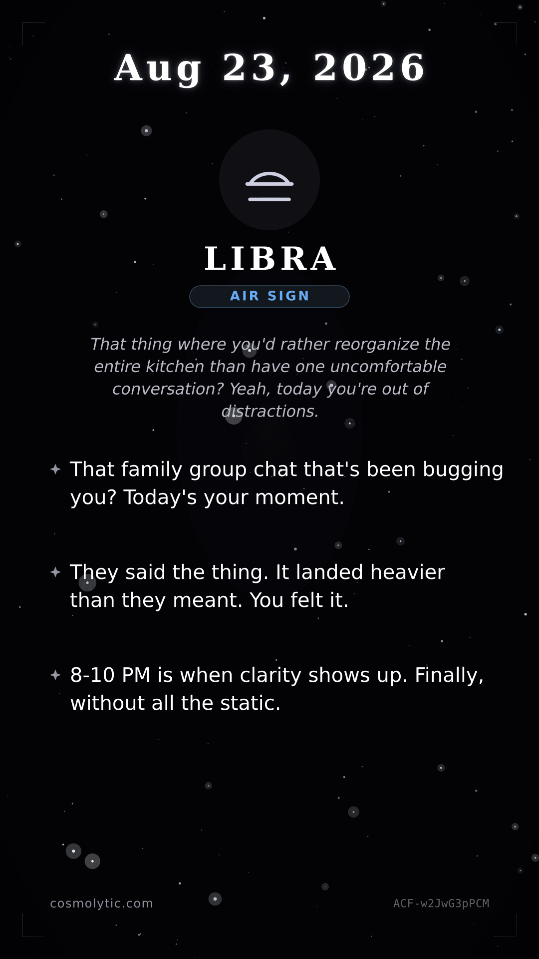 Libra daily horoscope card for August 23, 2026