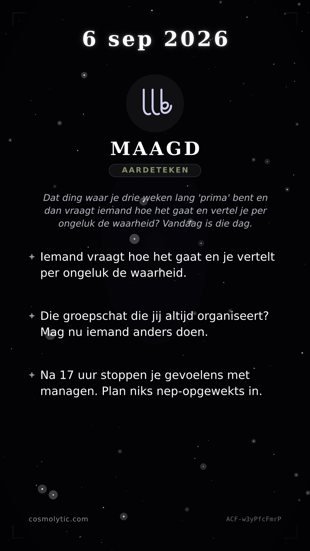 Maagd daghoroscoop kaart voor 6 september 2026