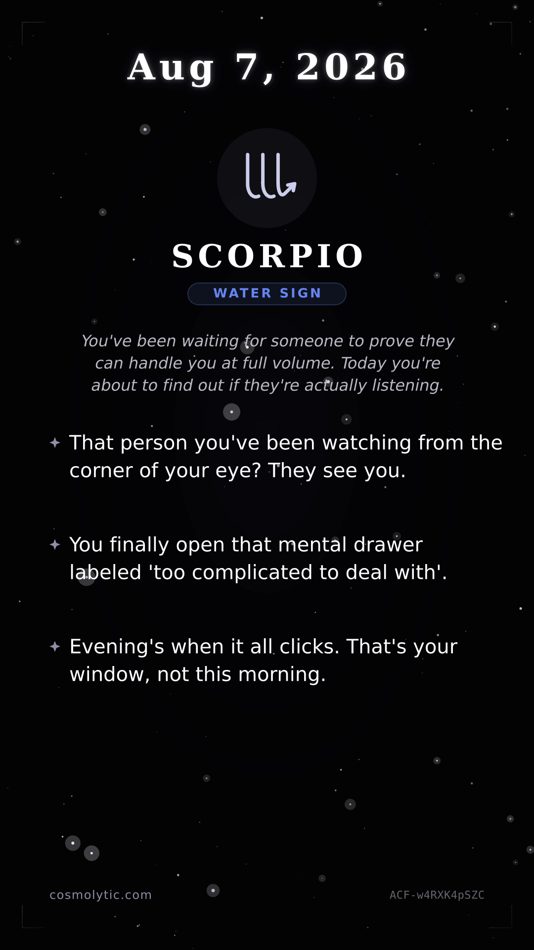 Scorpio daily horoscope card for August 7, 2026