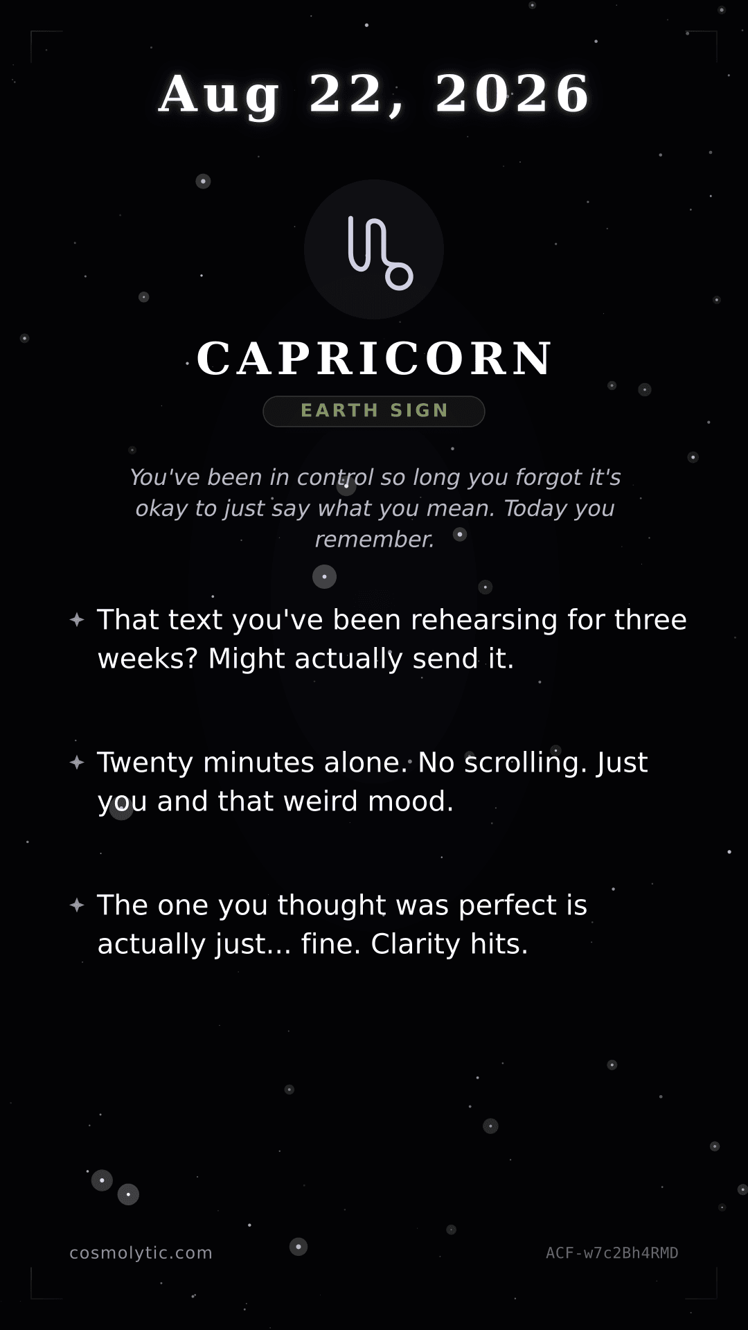 Capricorn daily horoscope card for August 22, 2026