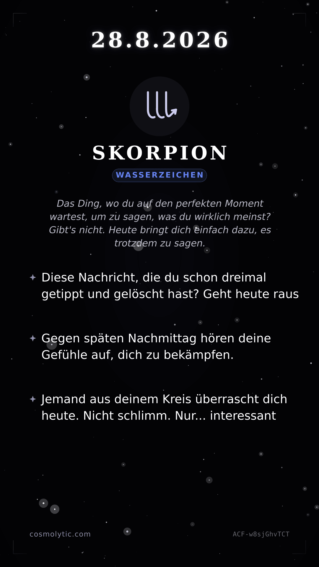 Skorpion Tageshoroskop-Karte für 28. August 2026