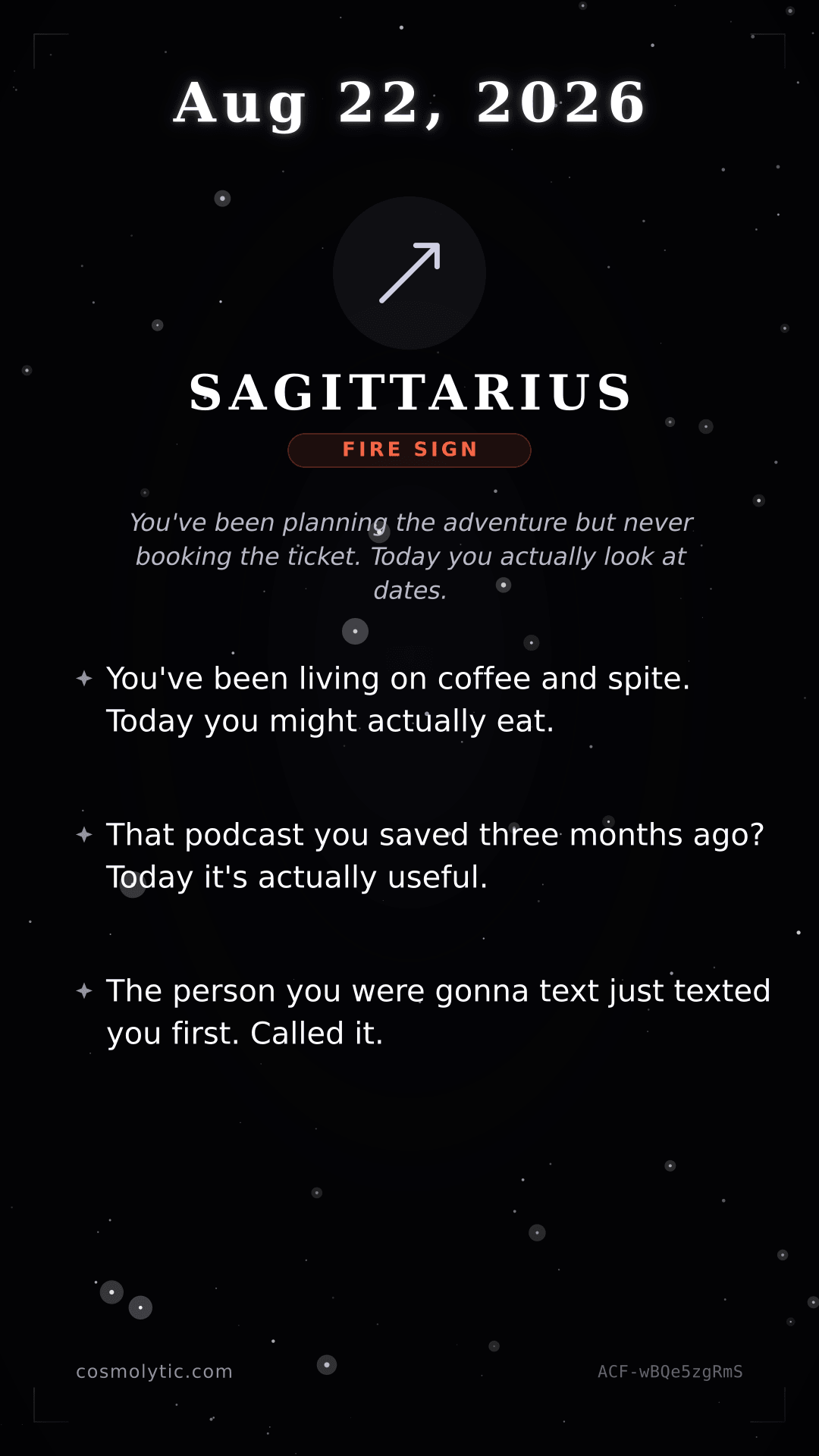Sagittarius daily horoscope card for August 22, 2026