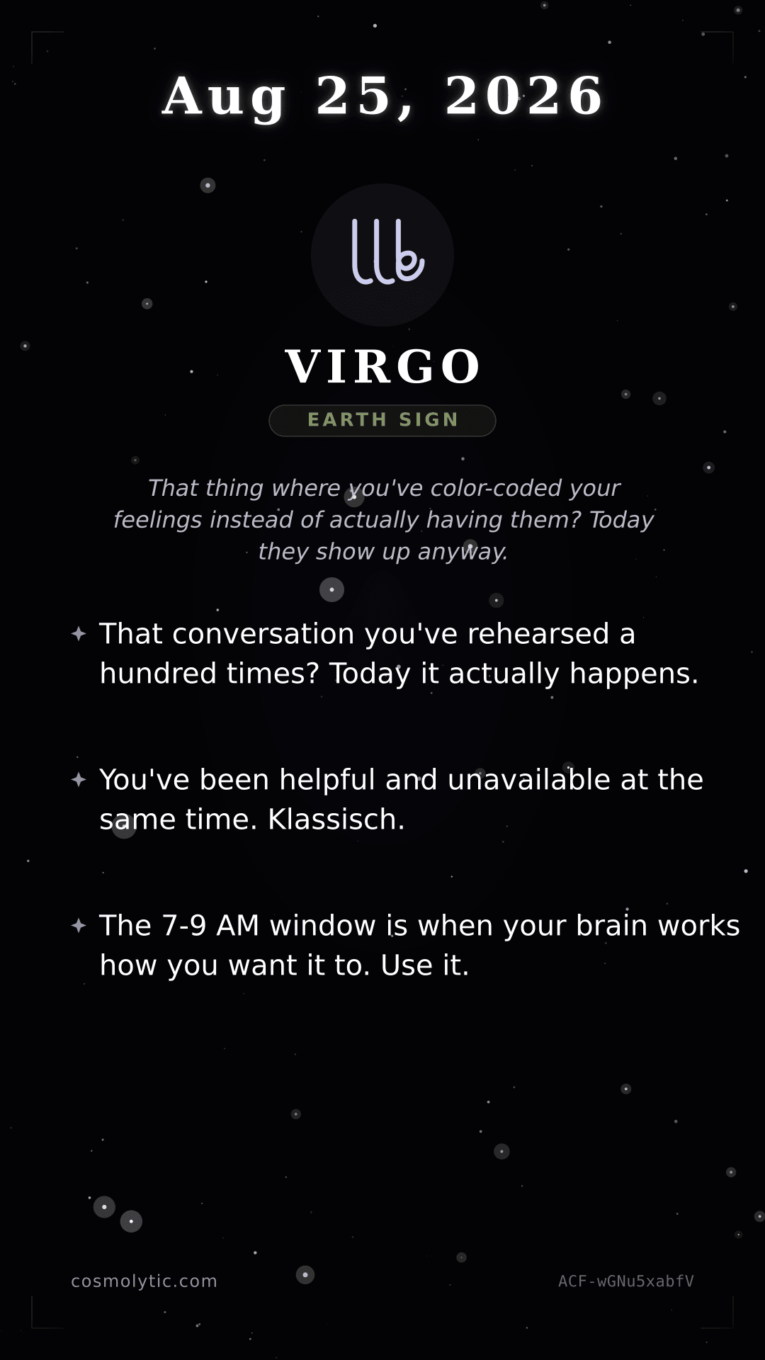 Virgo daily horoscope card for August 25, 2026