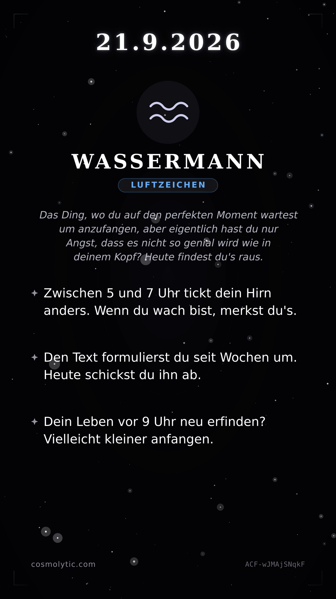 Wassermann Tageshoroskop-Karte für 21. September 2026