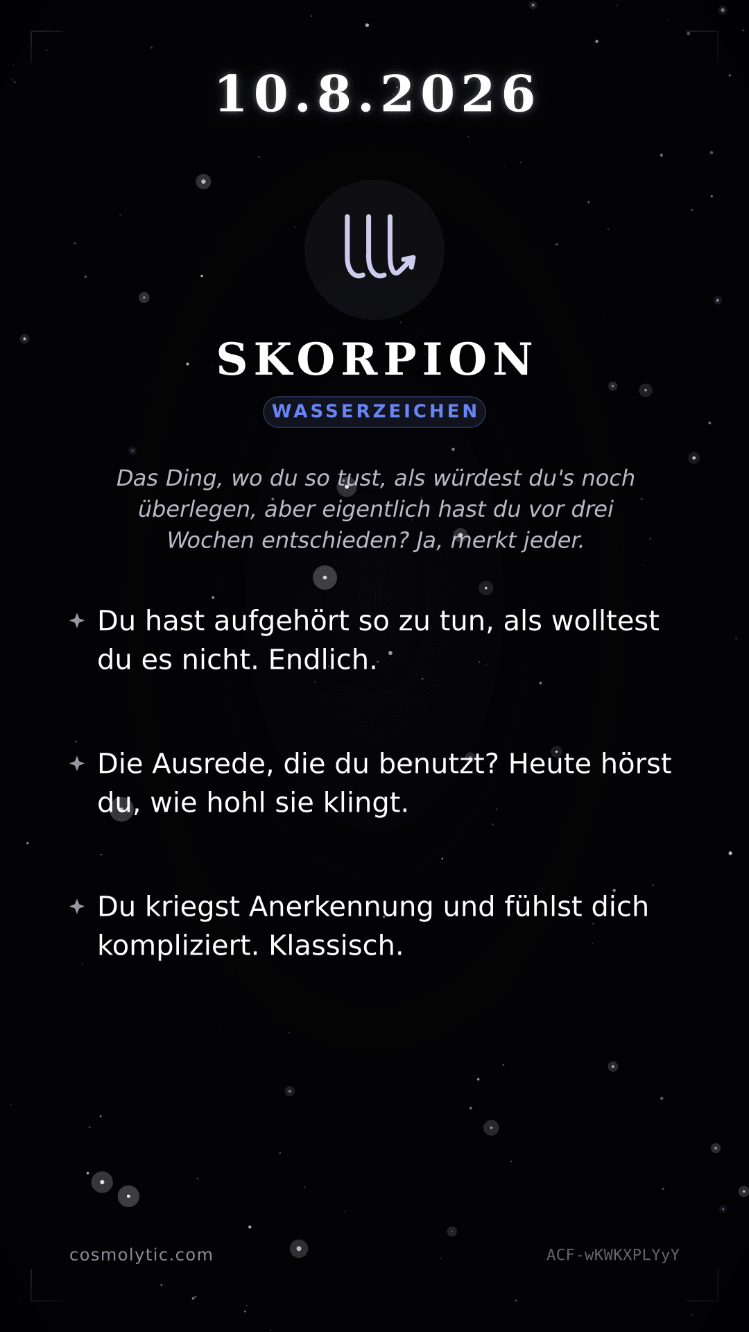 Skorpion Tageshoroskop-Karte für 10. August 2026