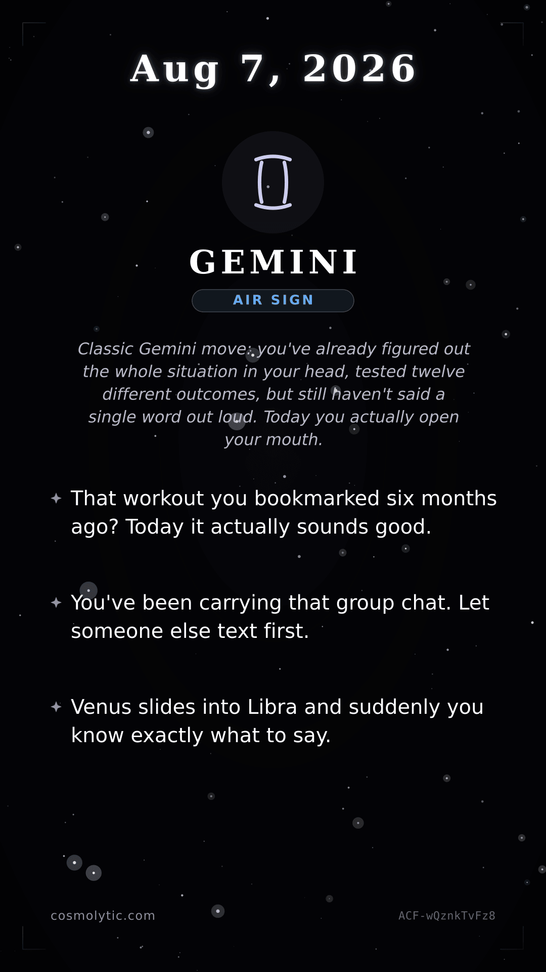 Gemini daily horoscope card for August 7, 2026