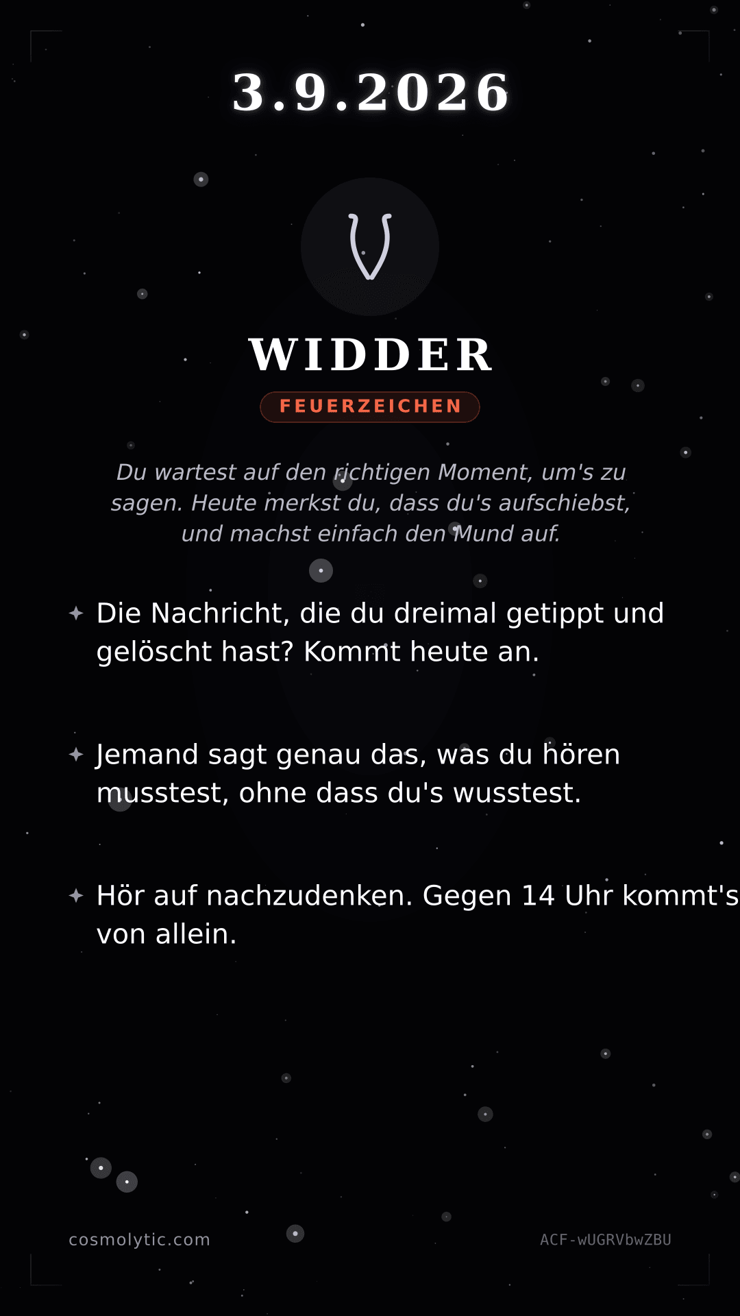 Widder Tageshoroskop-Karte für 3. September 2026