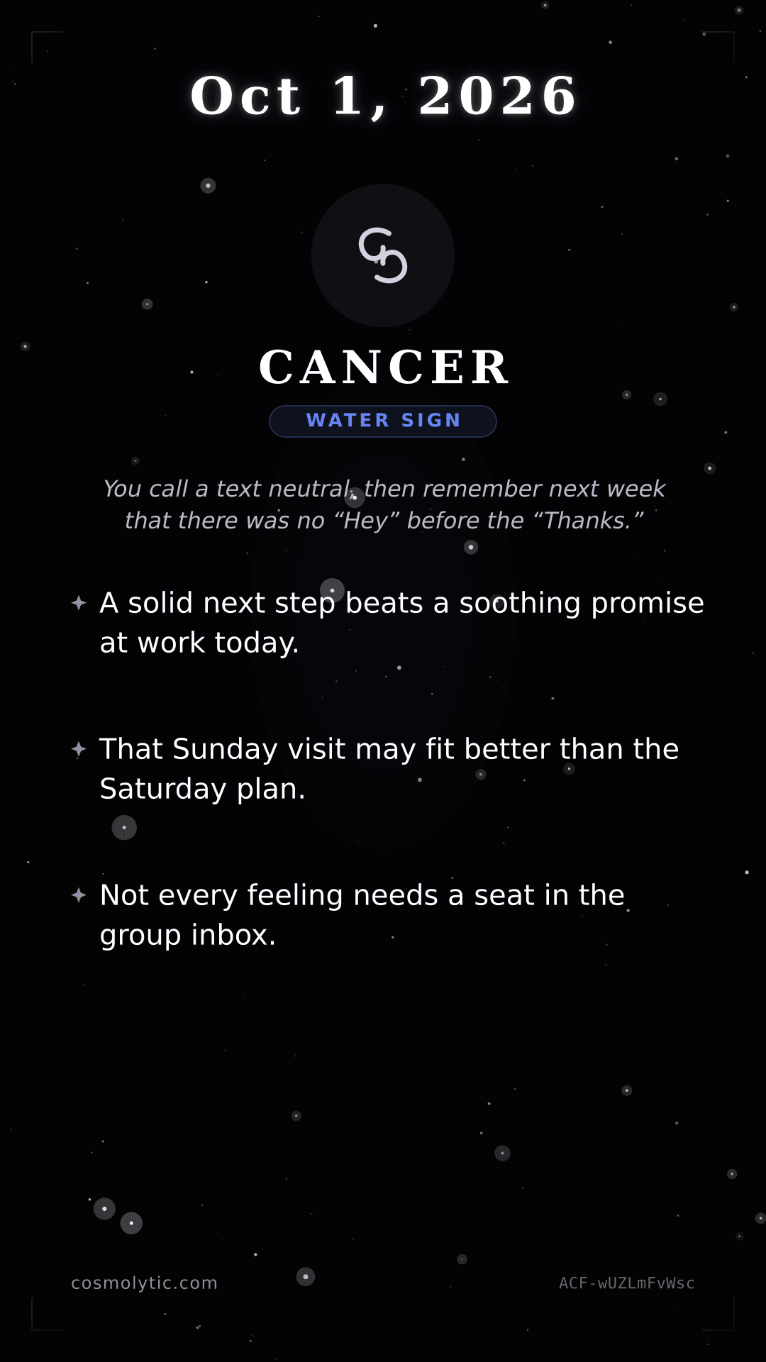 Cancer daily horoscope card for October 1, 2026