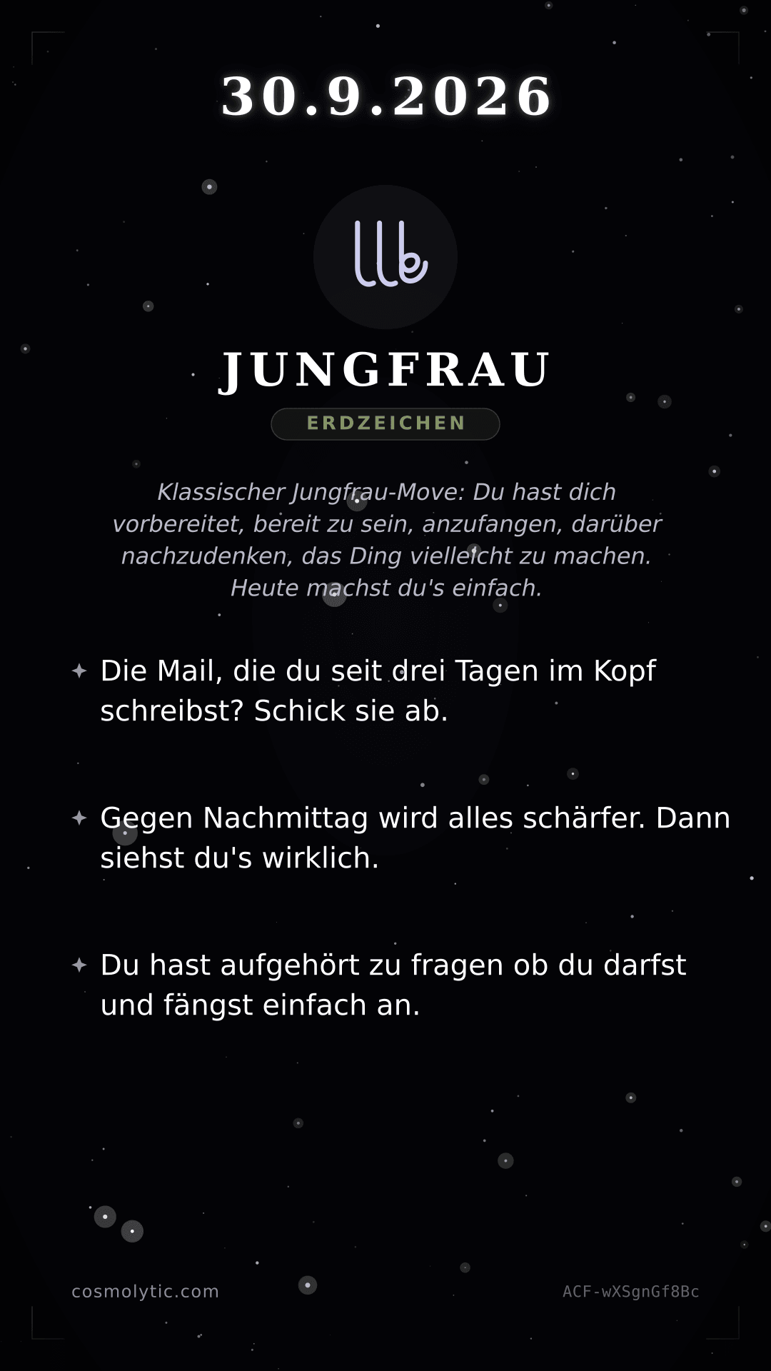 Jungfrau Tageshoroskop-Karte für 30. September 2026
