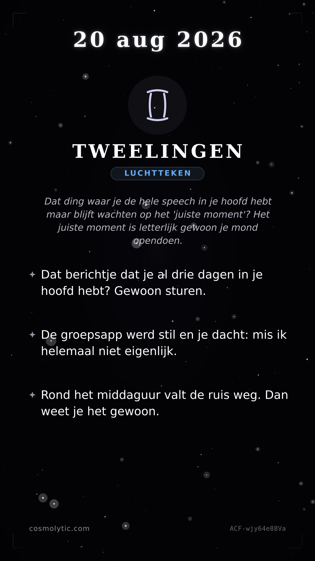 Tweelingen daghoroscoop kaart voor 20 augustus 2026