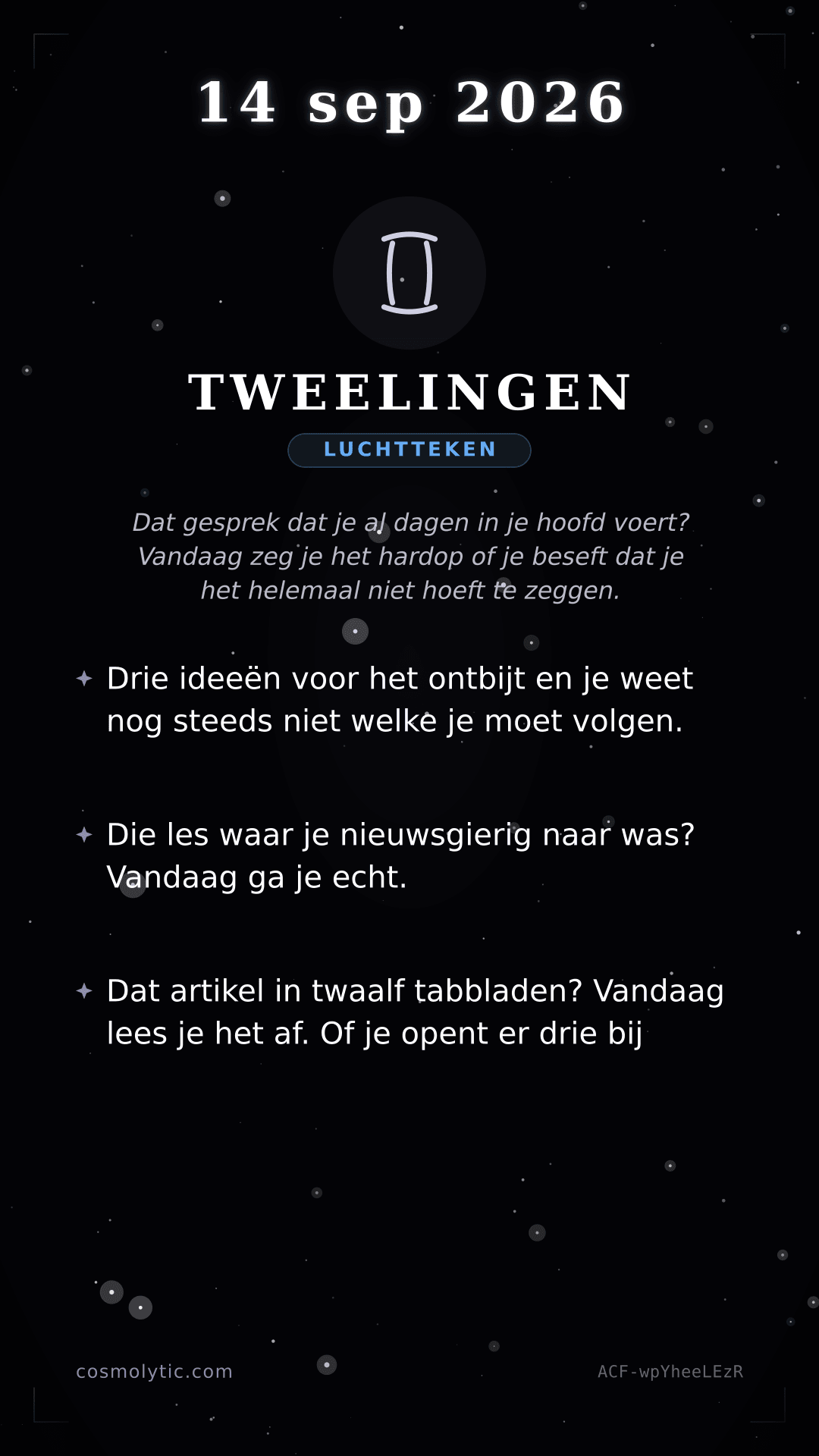 Tweelingen daghoroscoop kaart voor 14 september 2026