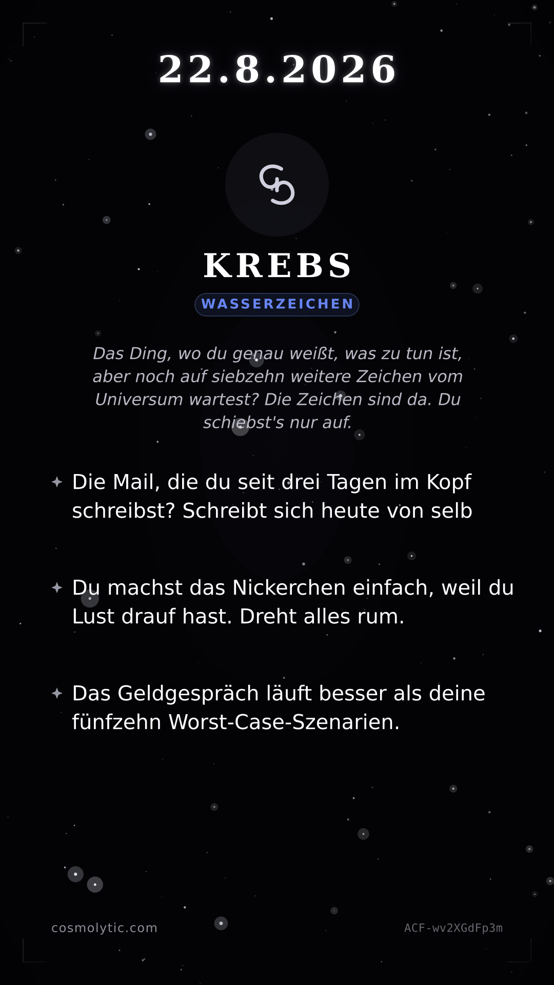 Krebs Tageshoroskop-Karte für 22. August 2026