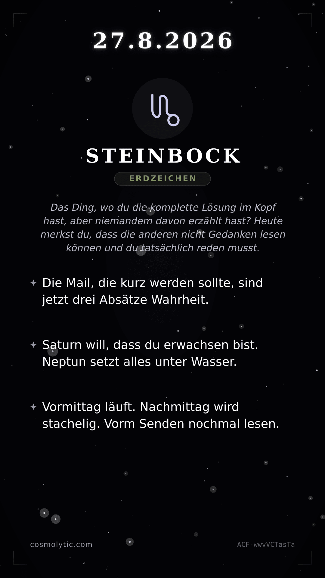 Steinbock Tageshoroskop-Karte für 27. August 2026