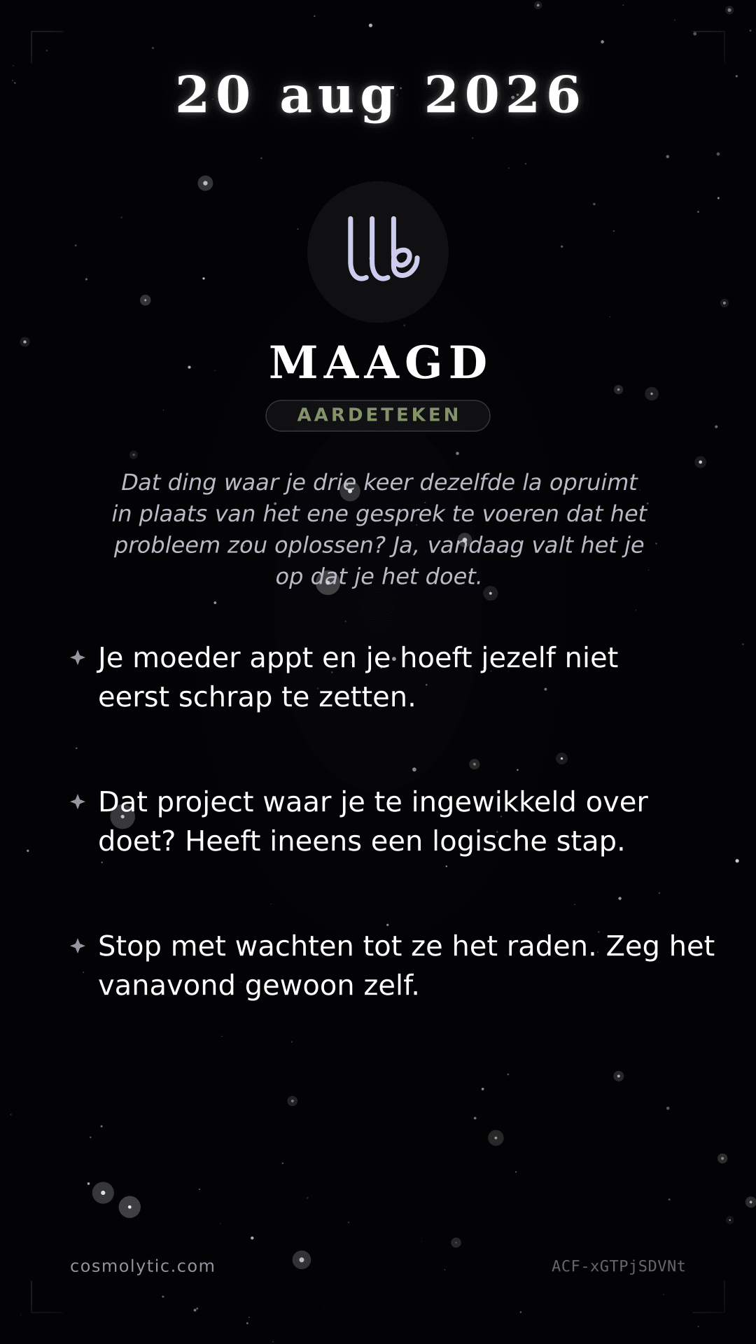 Maagd daghoroscoop kaart voor 20 augustus 2026
