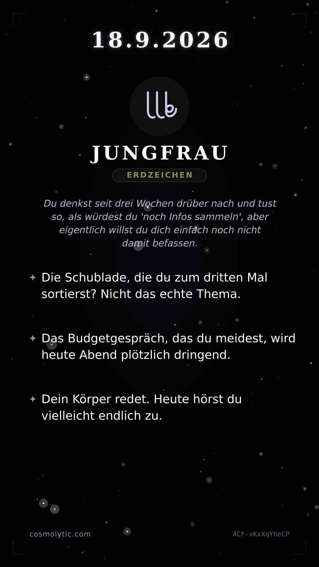 Jungfrau Tageshoroskop-Karte für Heute