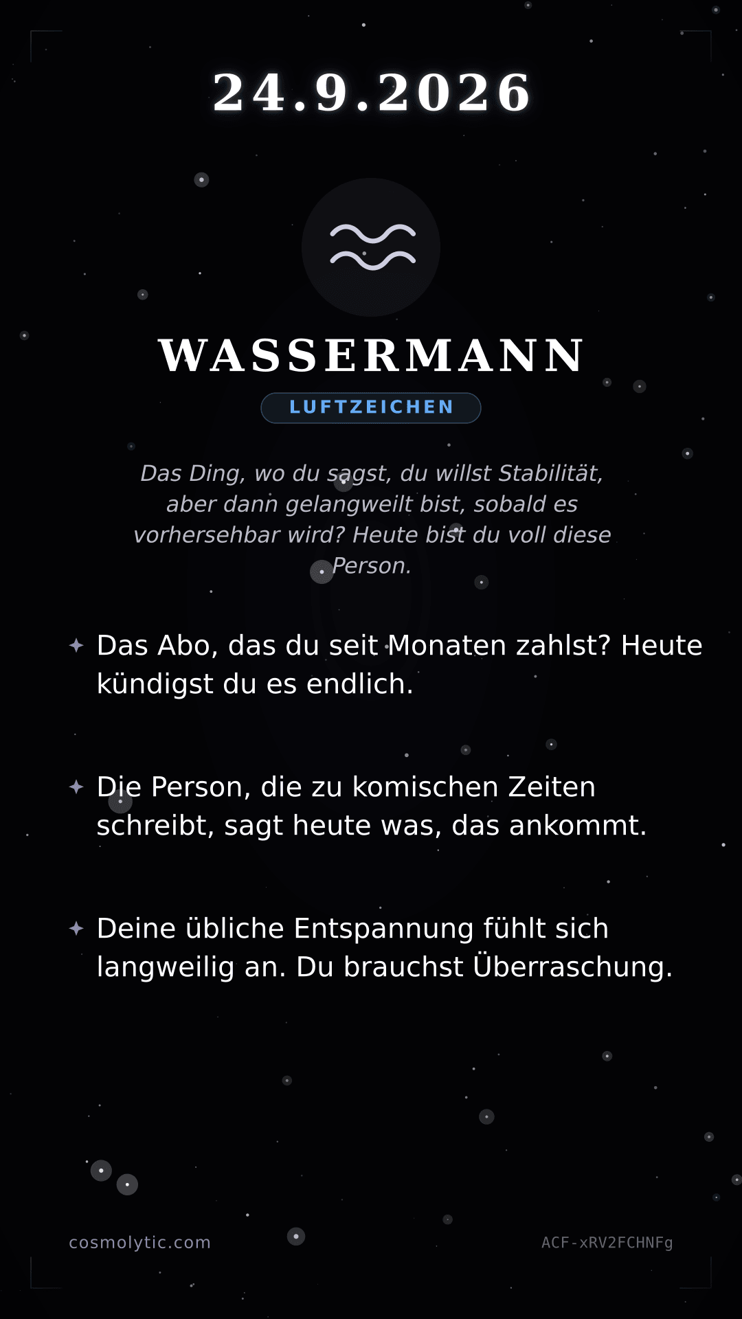 Wassermann Tageshoroskop-Karte für 24. September 2026