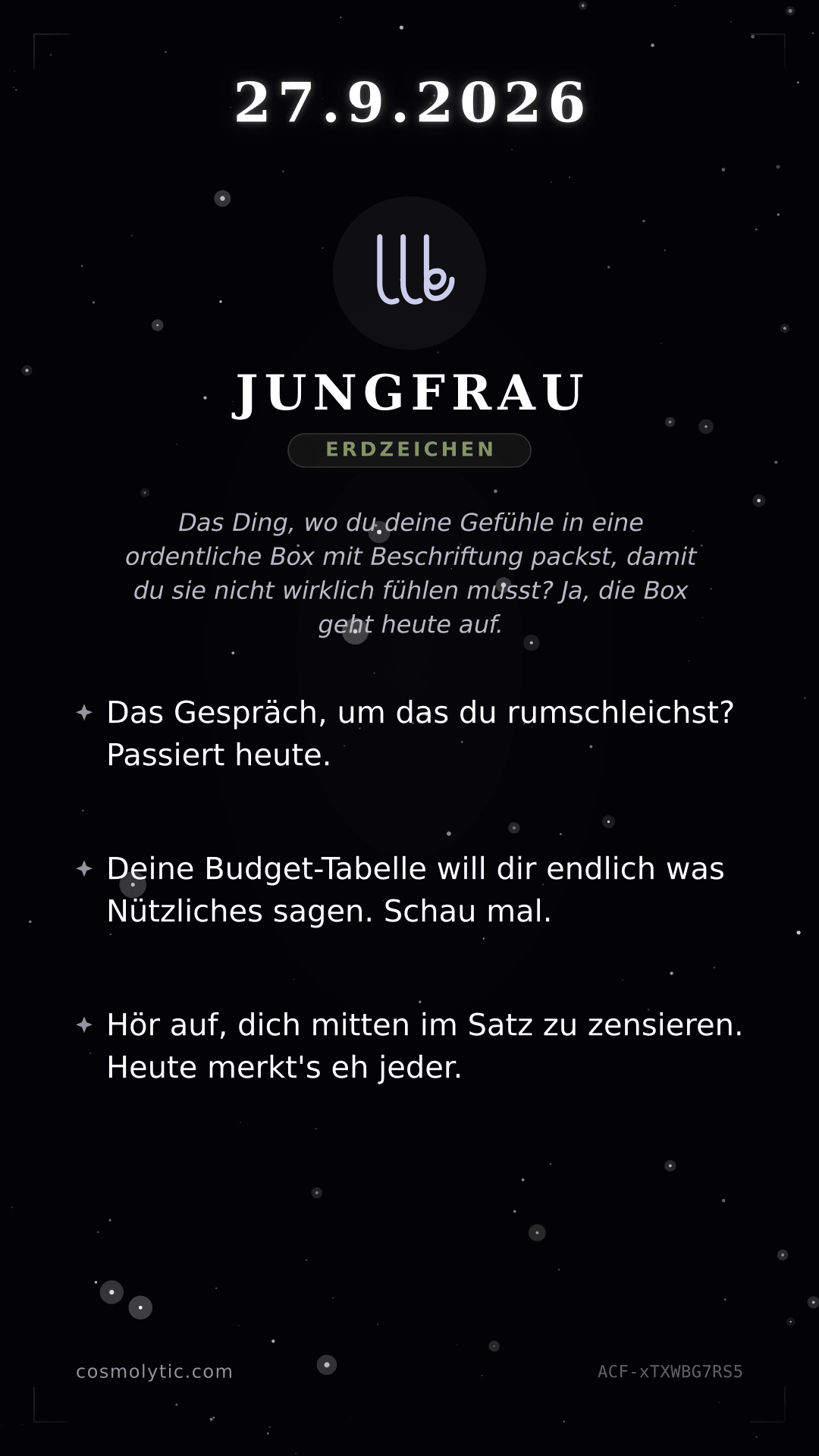 Jungfrau Tageshoroskop-Karte für 27. September 2026