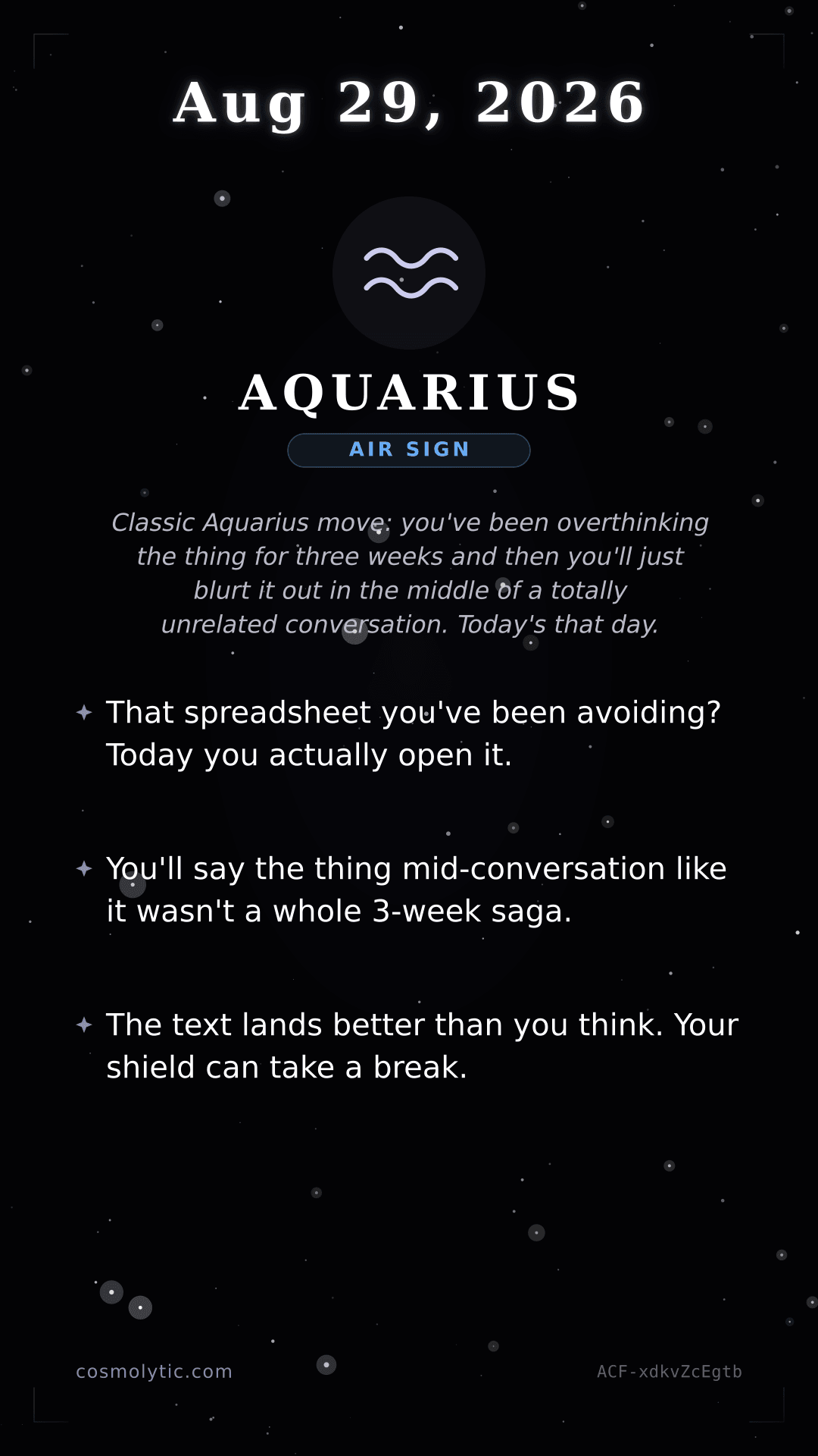 Aquarius daily horoscope card for August 29, 2026