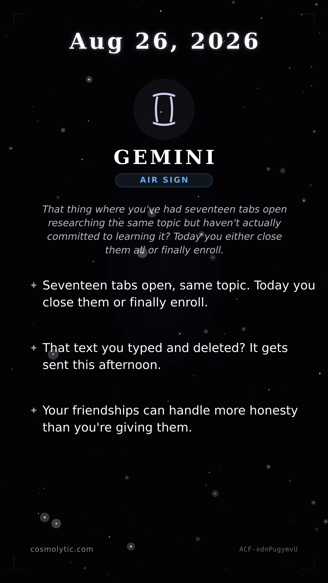 Gemini daily horoscope card for August 26, 2026