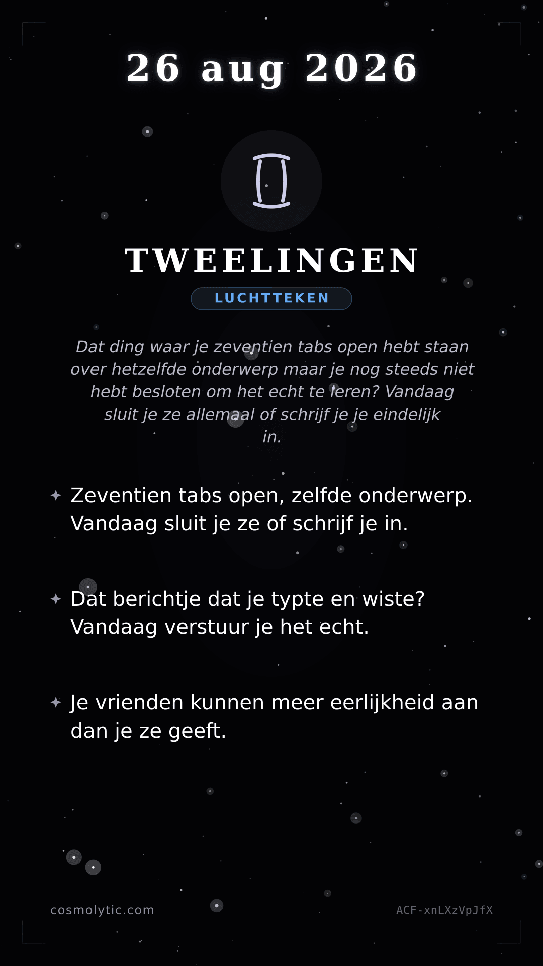 Tweelingen daghoroscoop kaart voor 26 augustus 2026