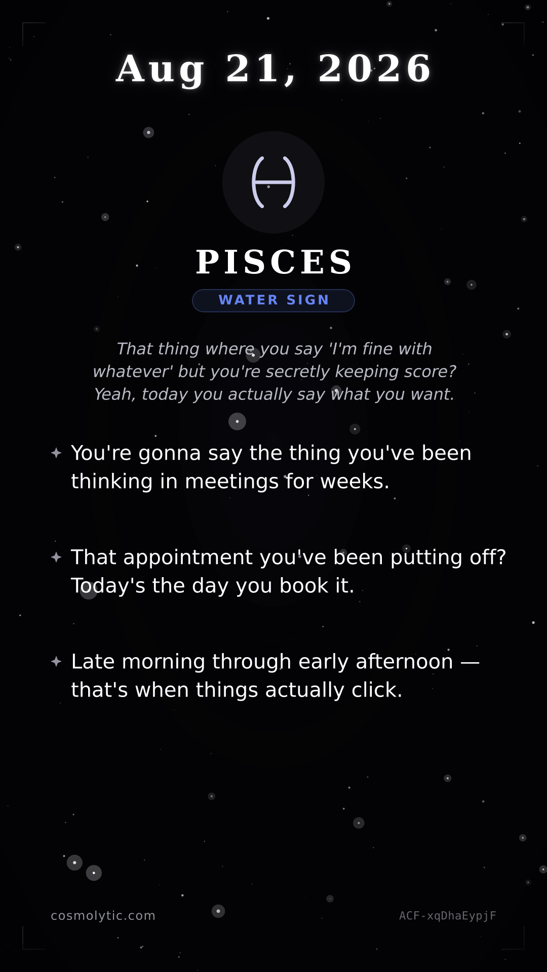 Pisces daily horoscope card for August 21, 2026