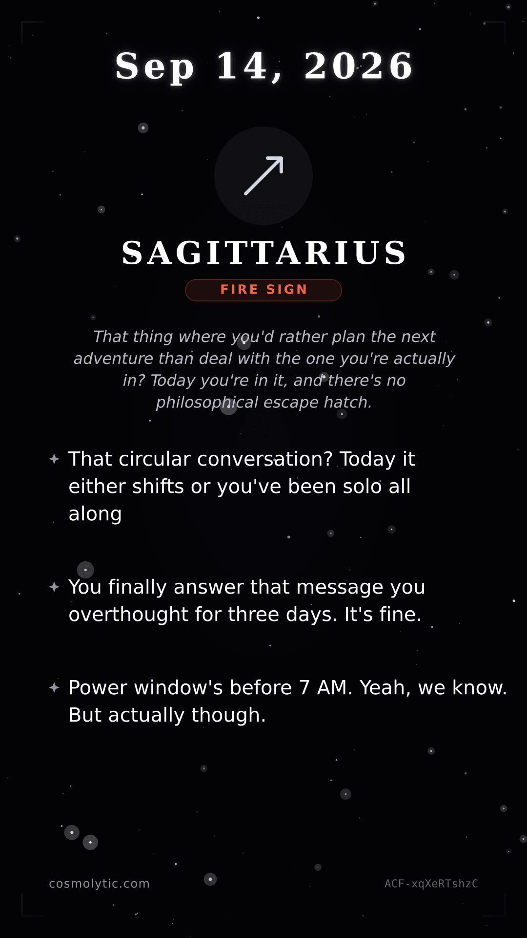 Sagittarius daily horoscope card for September 14, 2026