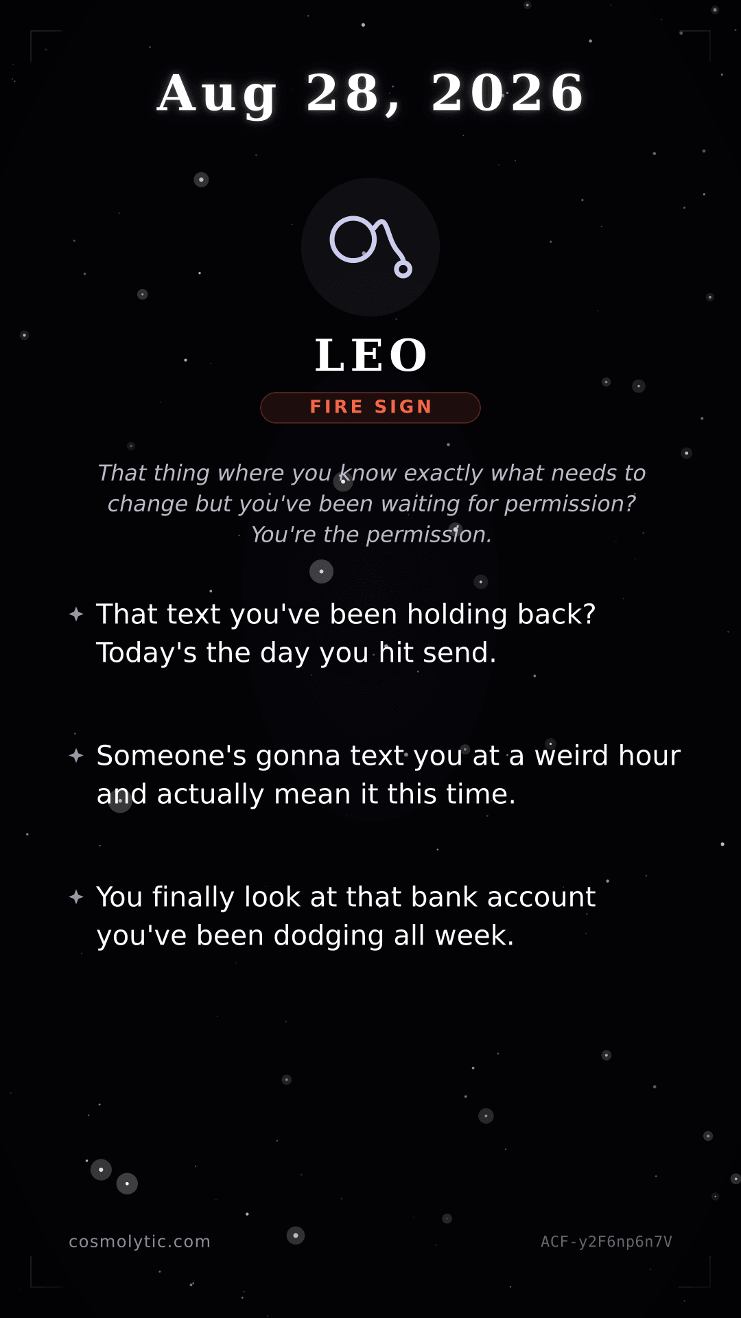 Leo daily horoscope card for August 28, 2026