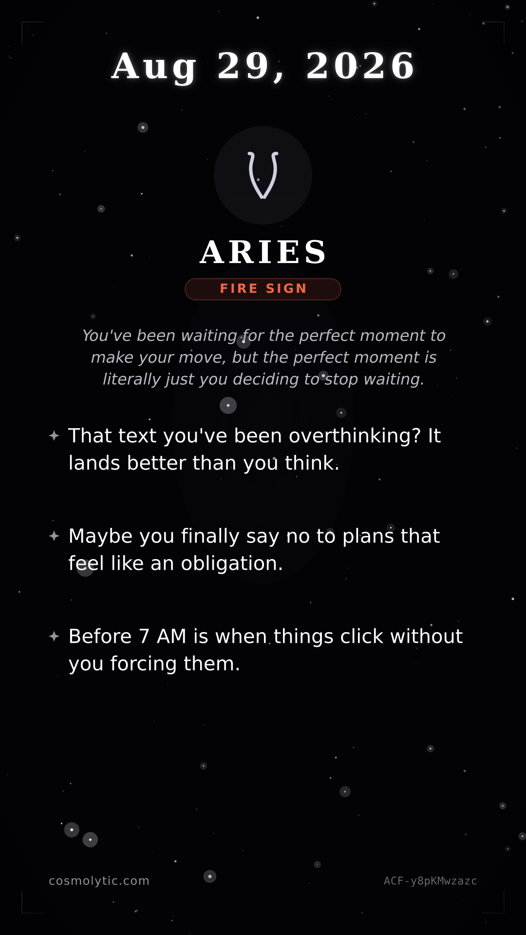 Aries daily horoscope card for August 29, 2026