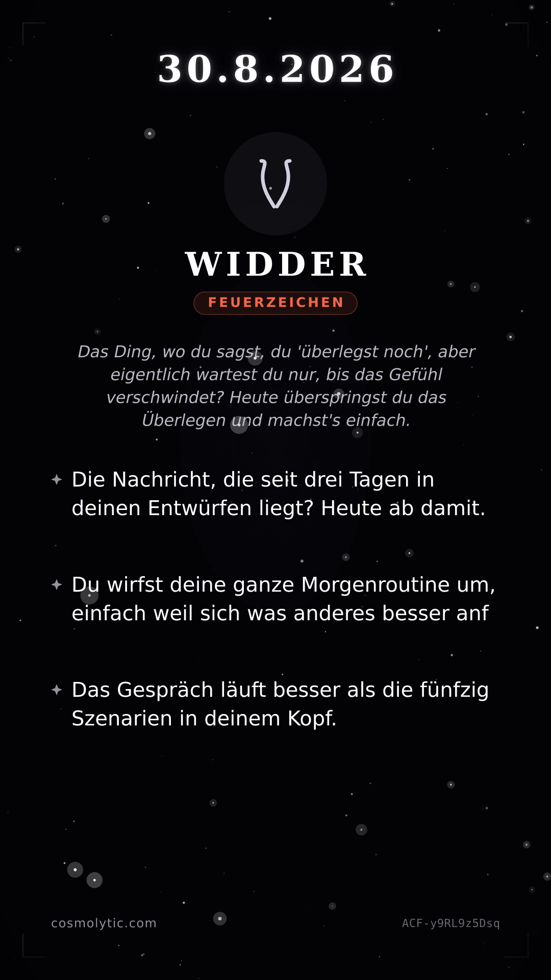 Widder Tageshoroskop-Karte für 30. August 2026