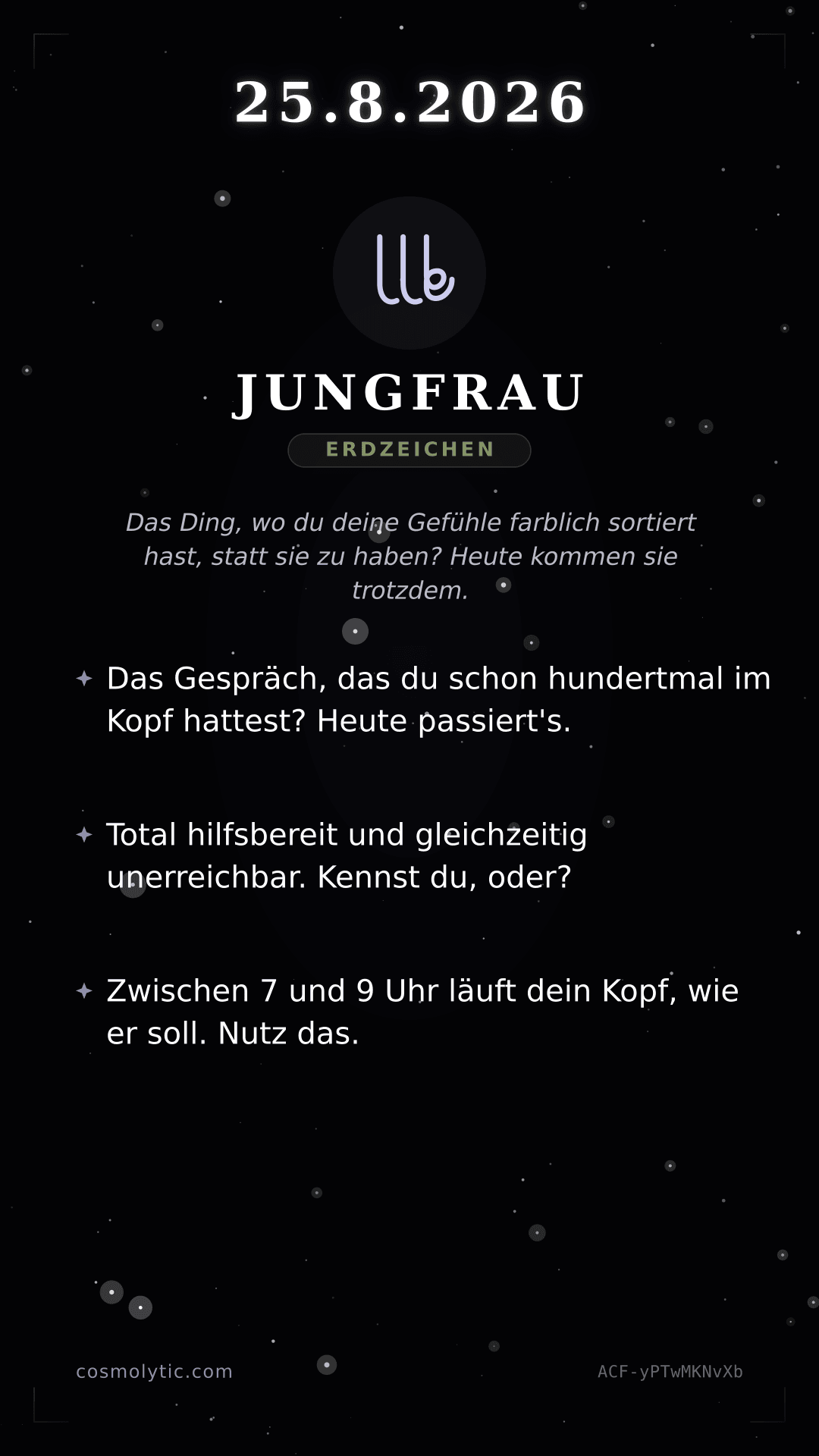 Jungfrau Tageshoroskop-Karte für 25. August 2026