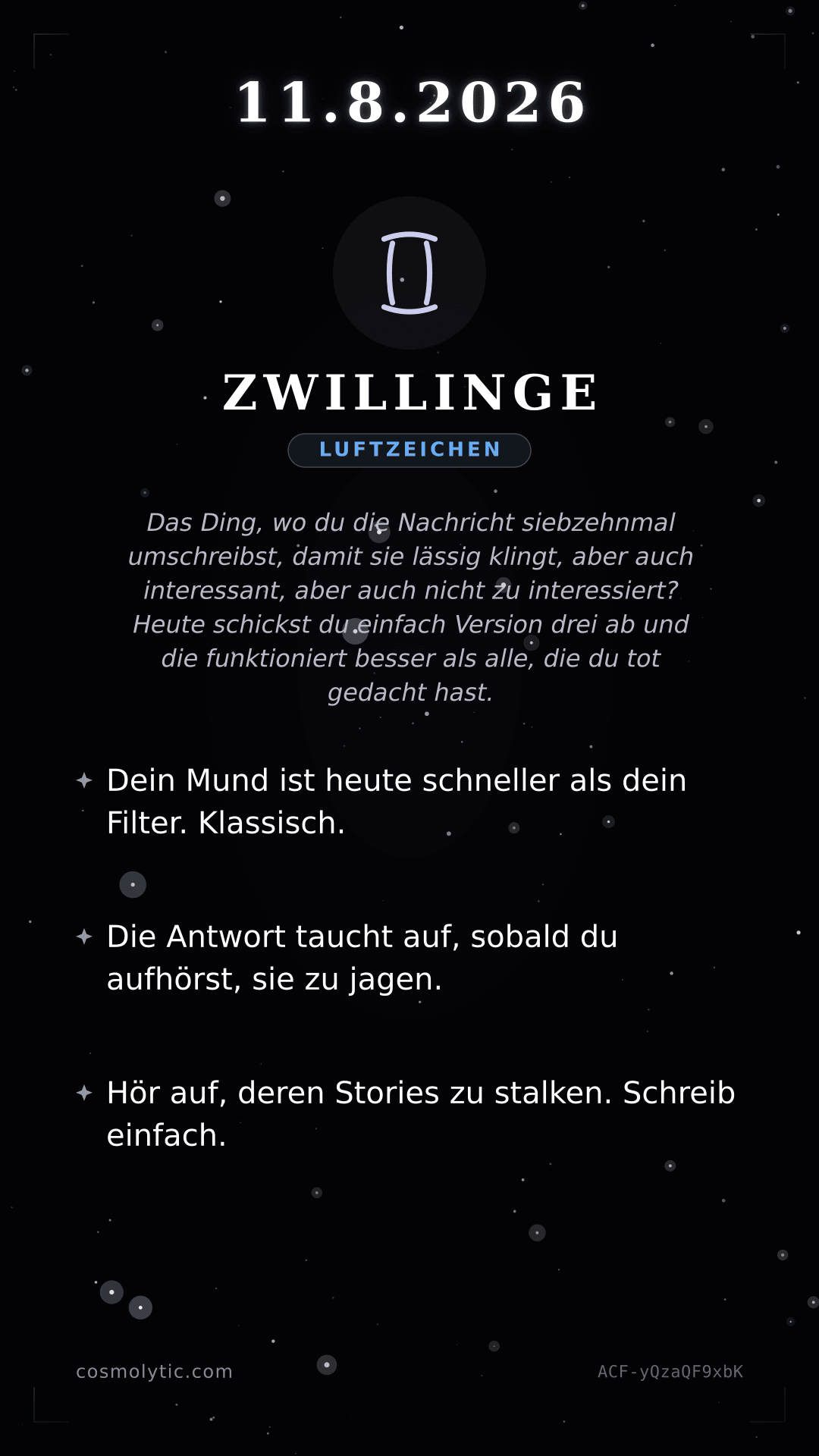 Zwillinge Tageshoroskop-Karte für 11. August 2026