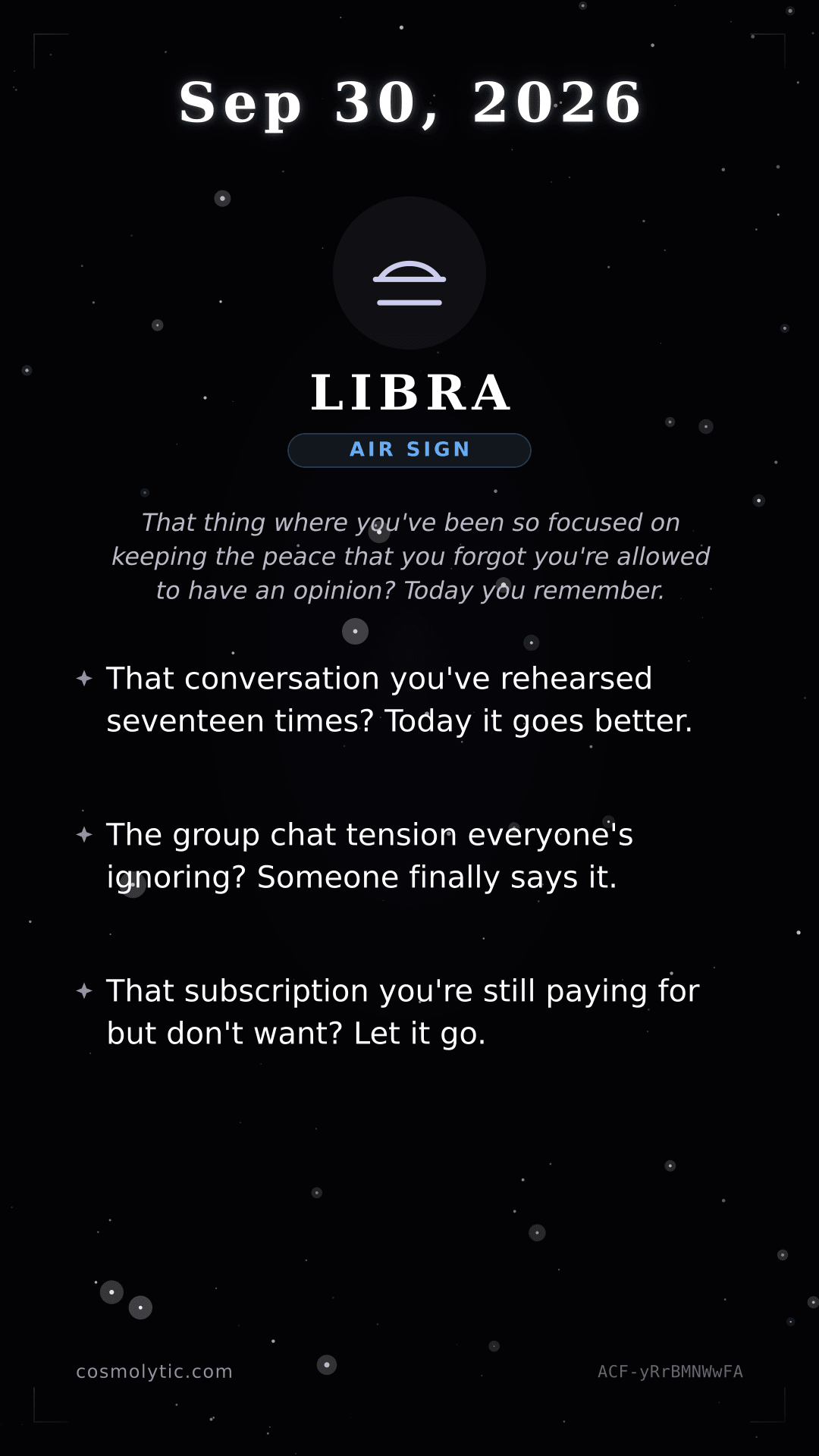 Libra daily horoscope card for September 30, 2026