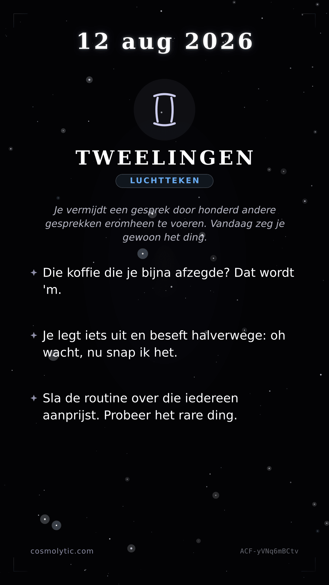 Tweelingen daghoroscoop kaart voor 12 augustus 2026