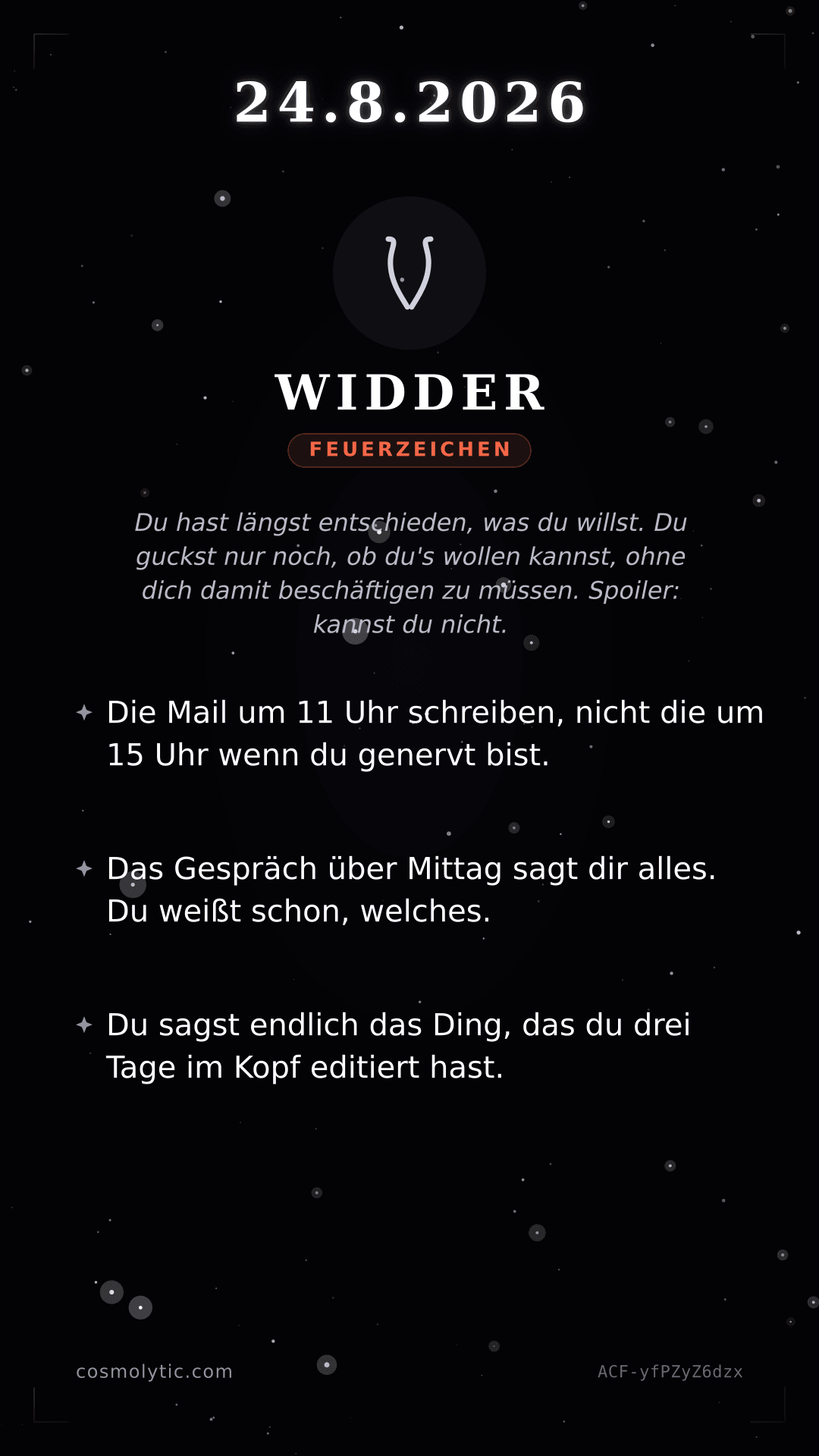 Widder Tageshoroskop-Karte für 24. August 2026