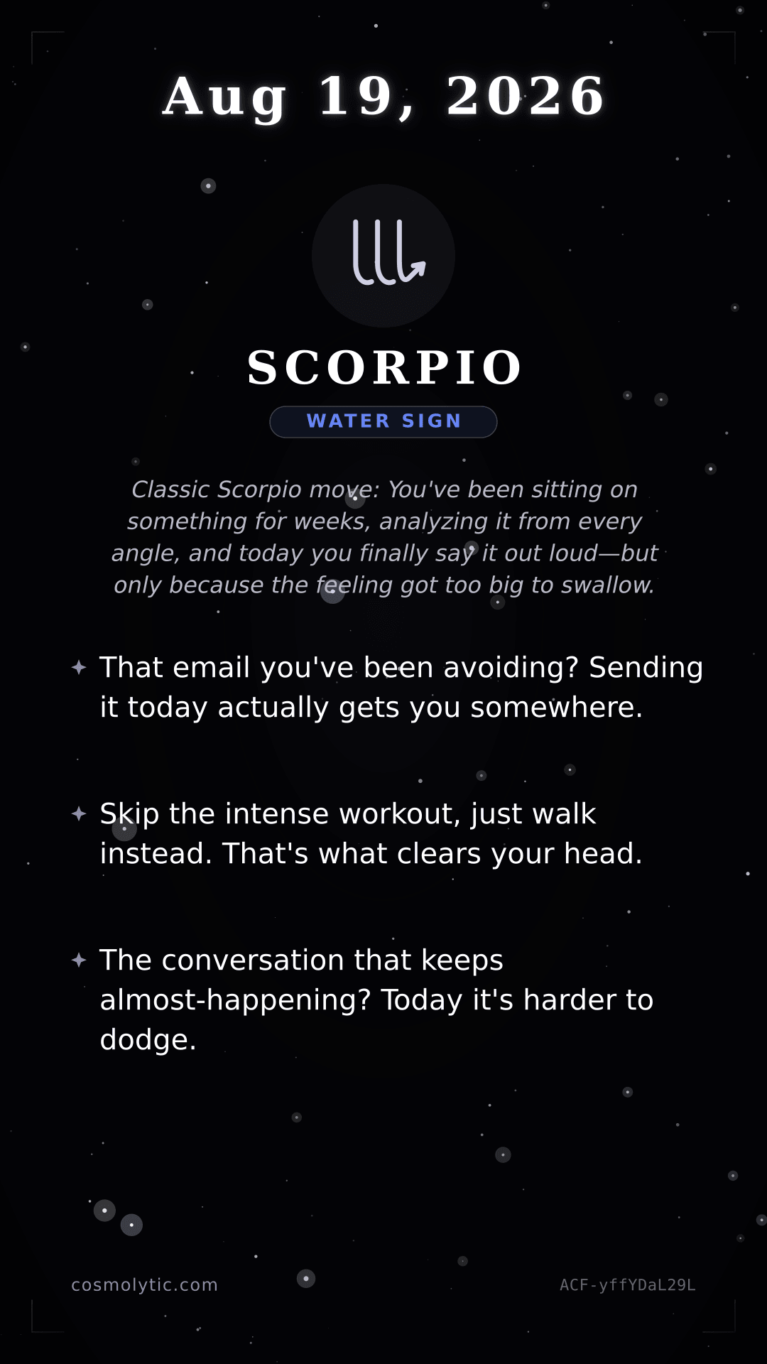 Scorpio daily horoscope card for August 19, 2026