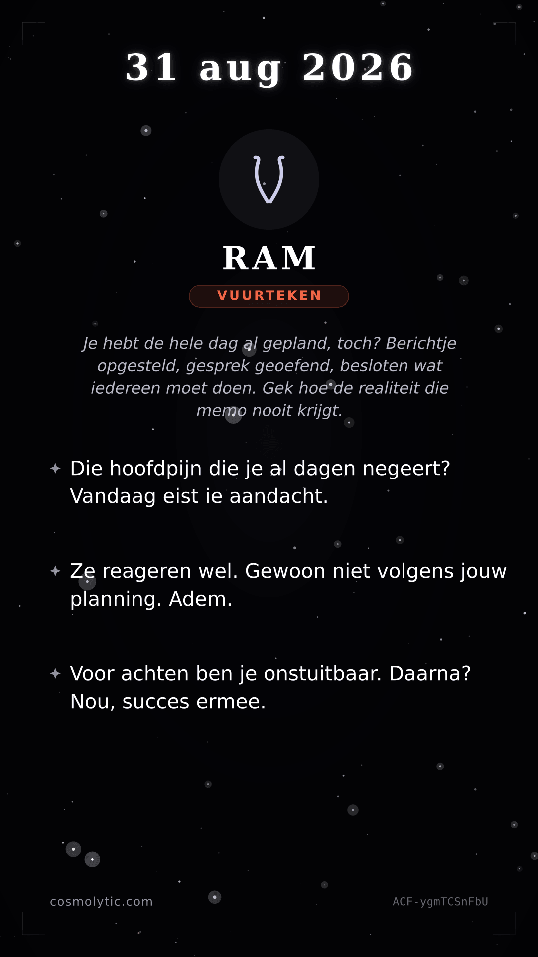 Ram daghoroscoop kaart voor 31 augustus 2026
