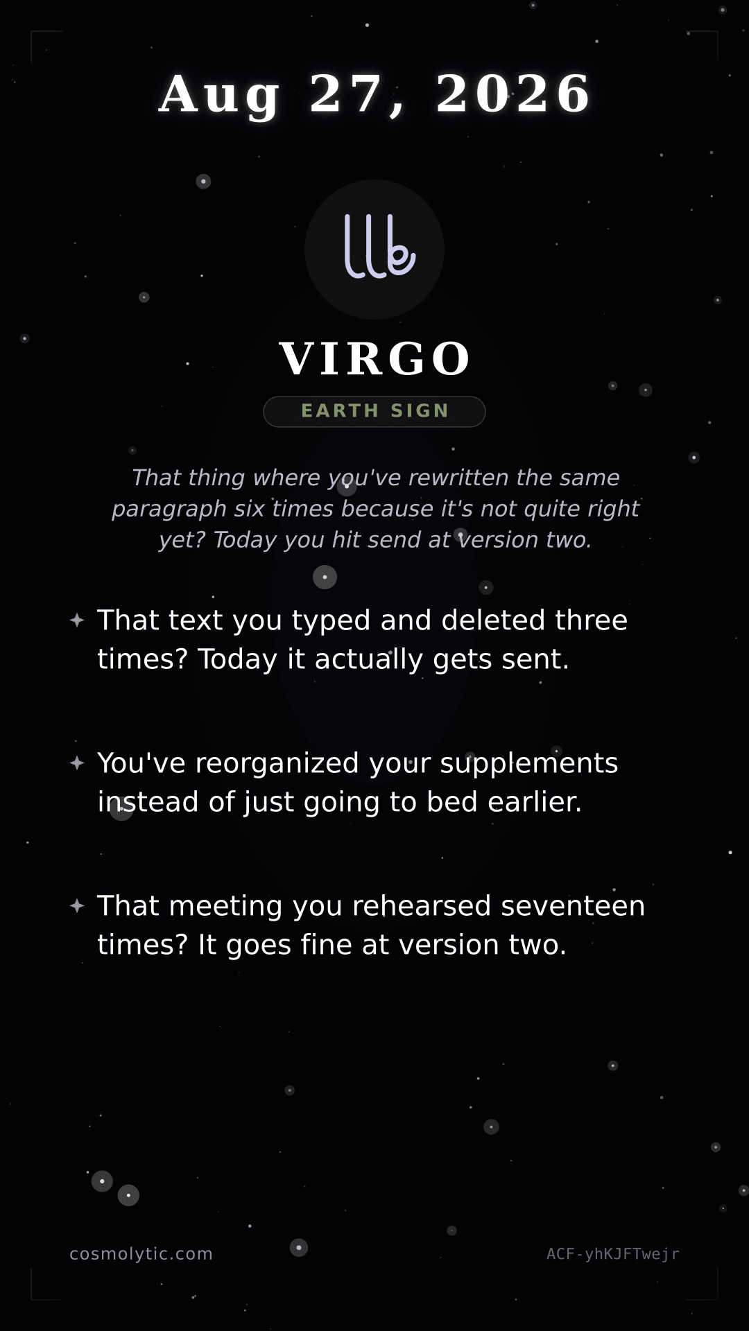 Virgo daily horoscope card for August 27, 2026