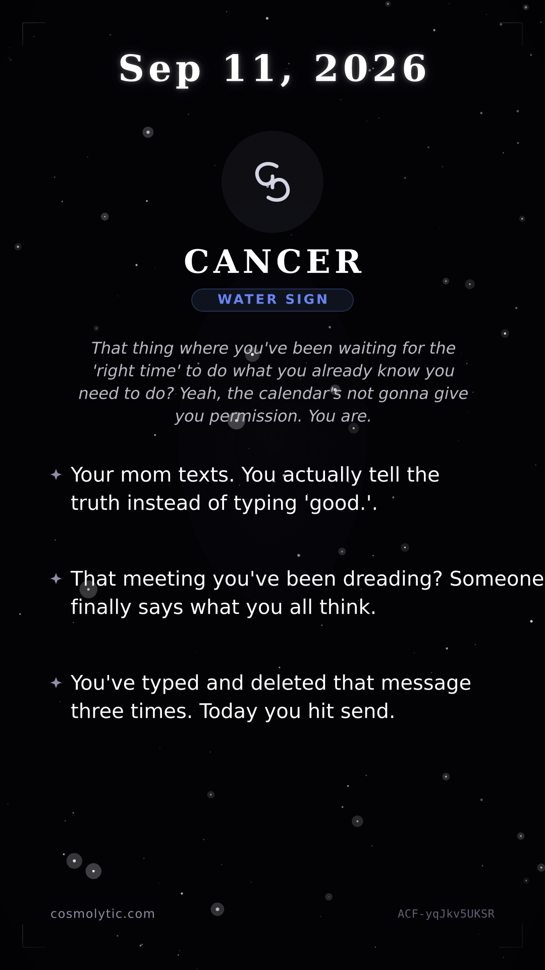 Cancer daily horoscope card for September 11, 2026
