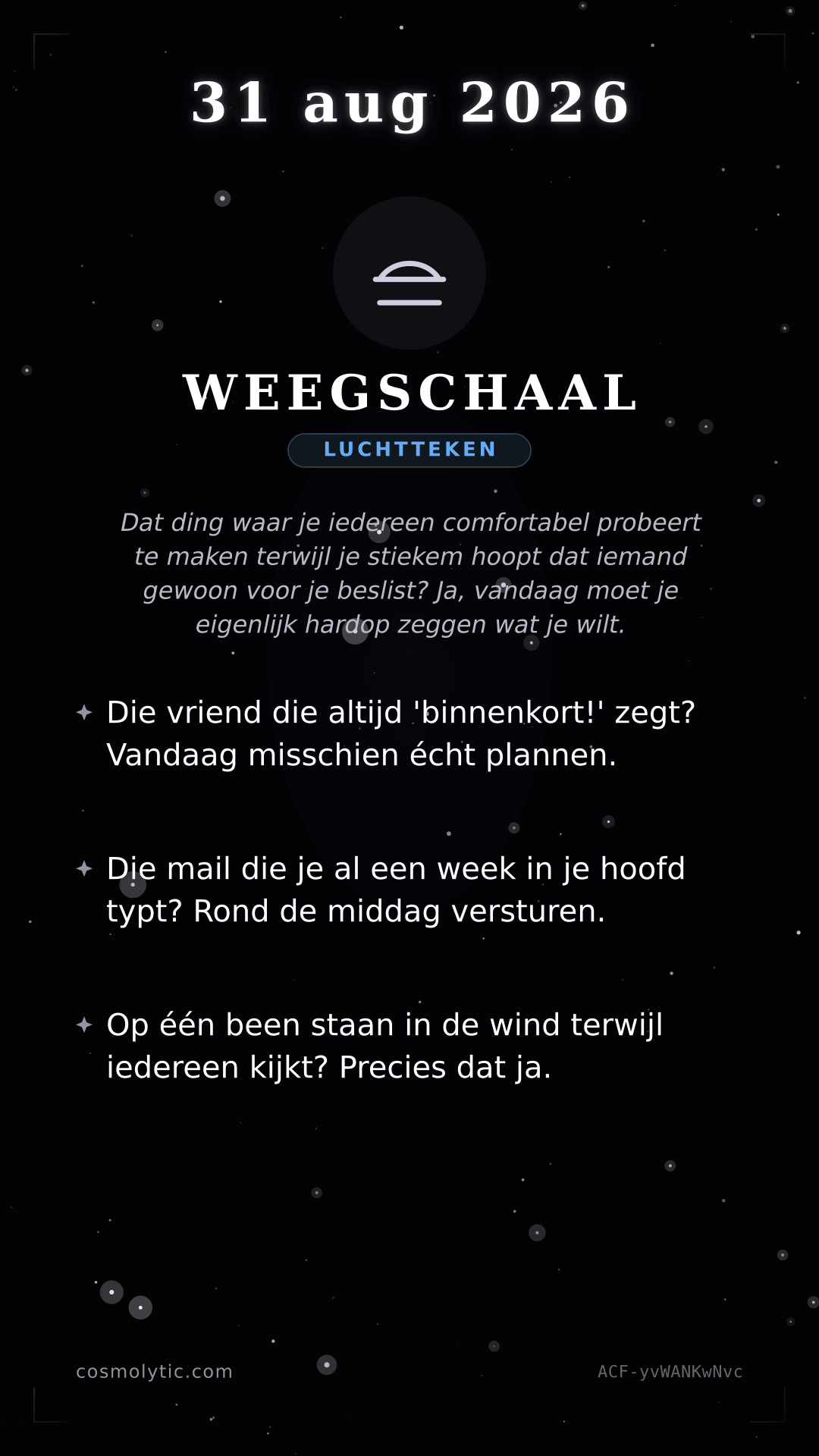 Weegschaal daghoroscoop kaart voor 31 augustus 2026