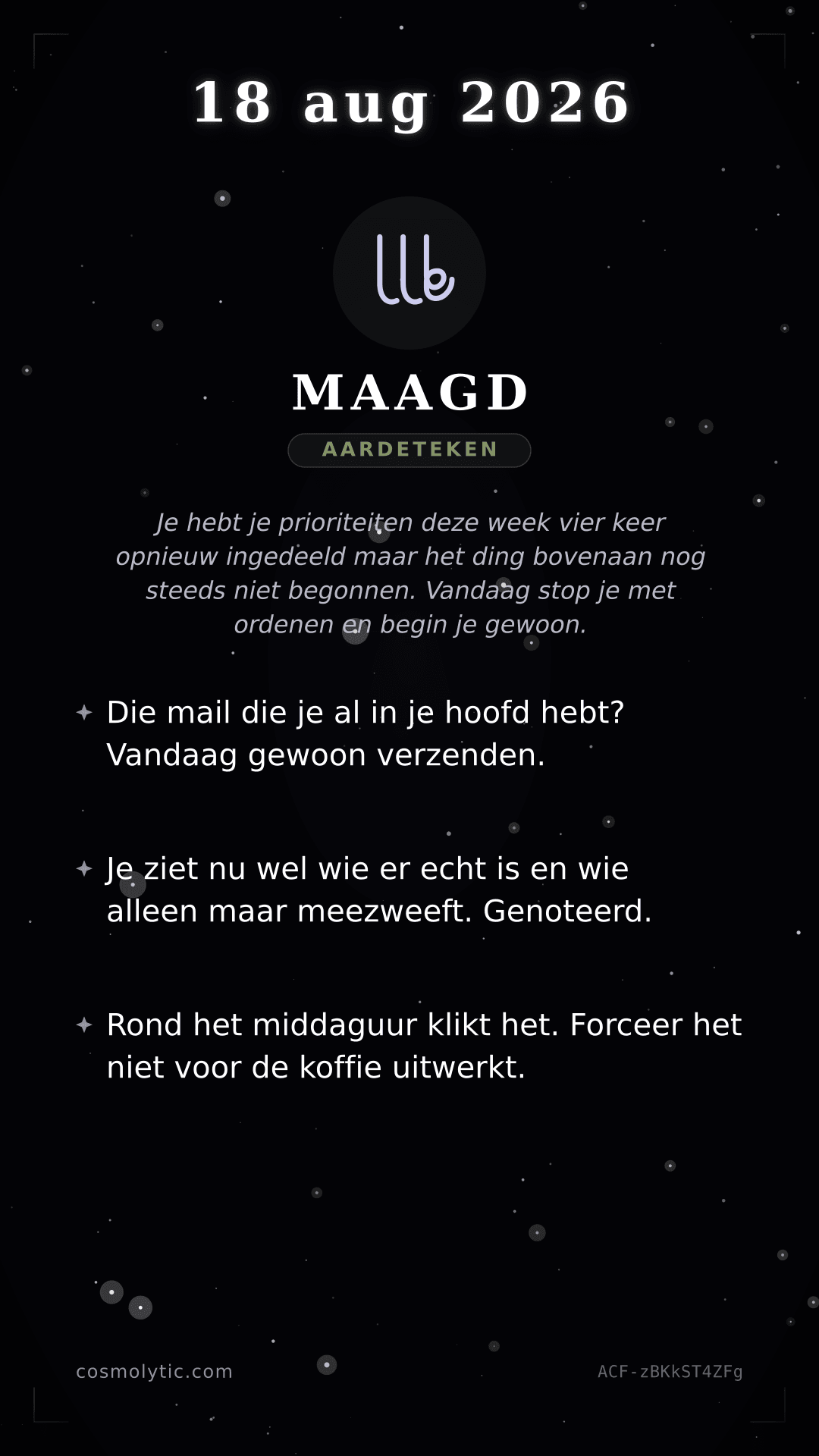 Maagd daghoroscoop kaart voor 18 augustus 2026