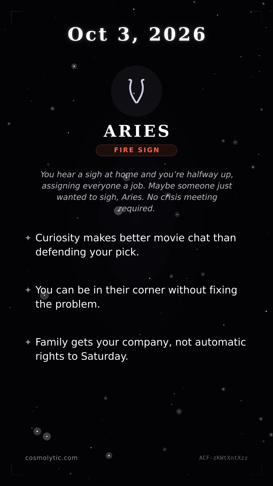 Aries daily horoscope card for October 3, 2026