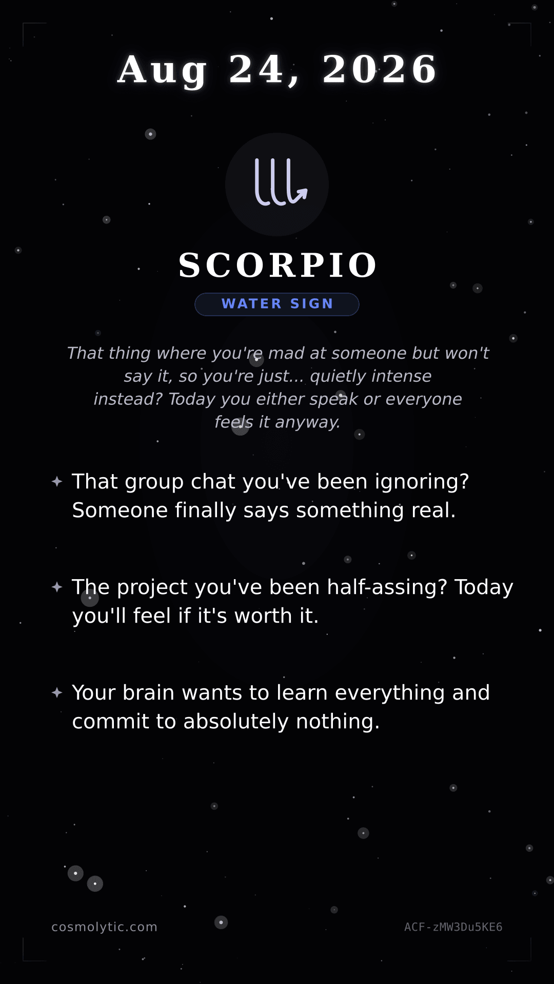 Scorpio daily horoscope card for August 24, 2026