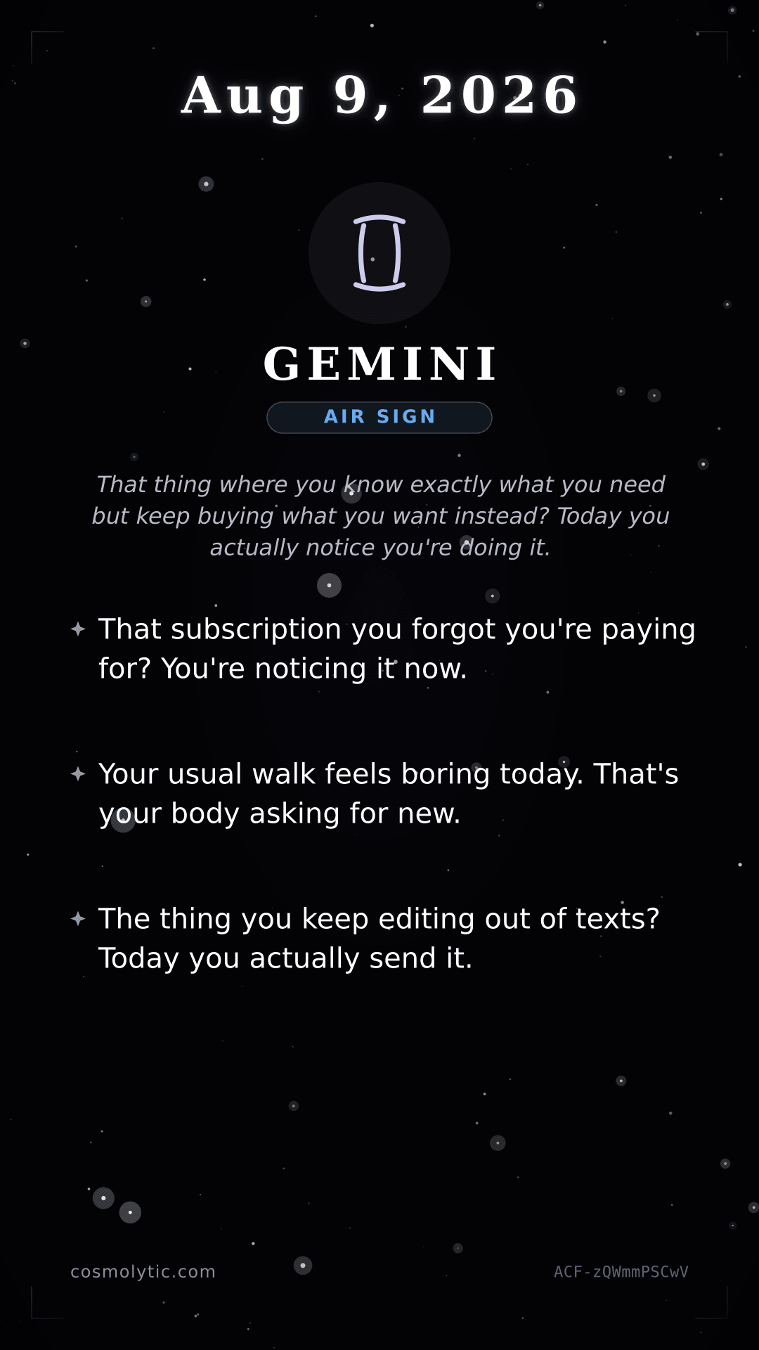 Gemini daily horoscope card for August 9, 2026