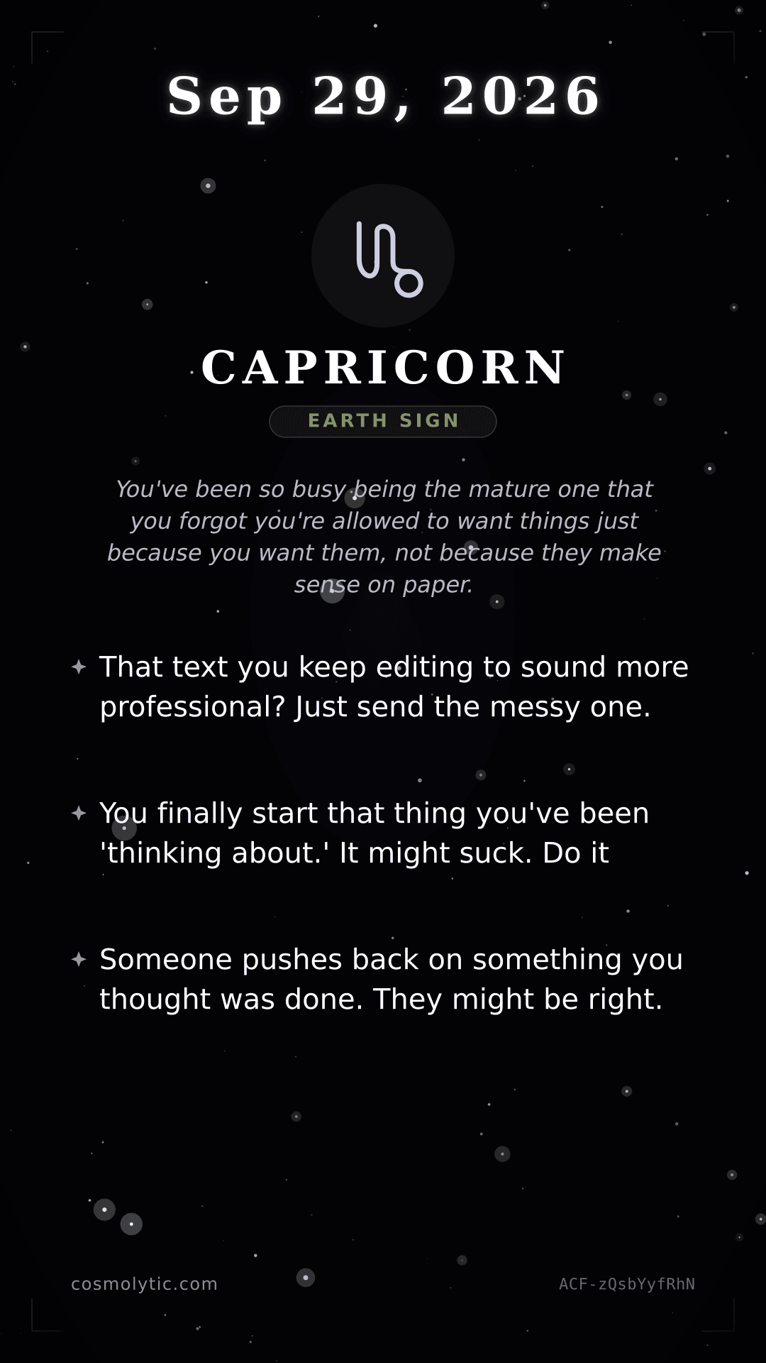 Capricorn daily horoscope card for September 29, 2026
